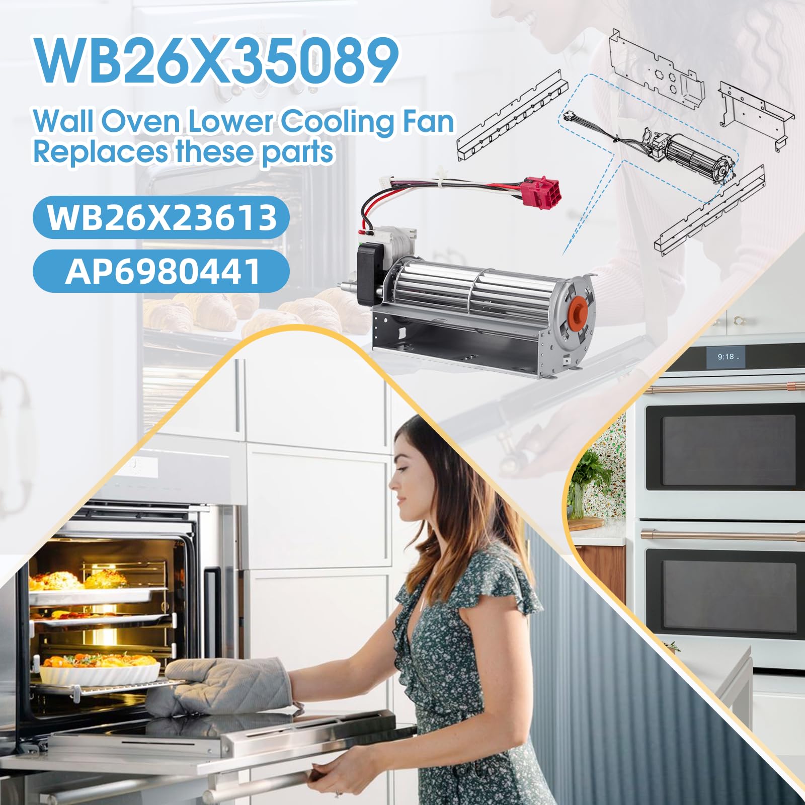 GE WB26X35089 Wall Oven Lower Cooling Fan Replacement - Compatible with GE Oven Models, Replaces WB26X23613 & AP6980441 - Perfect for Home Kitchen Appliance Repair & Maintenance