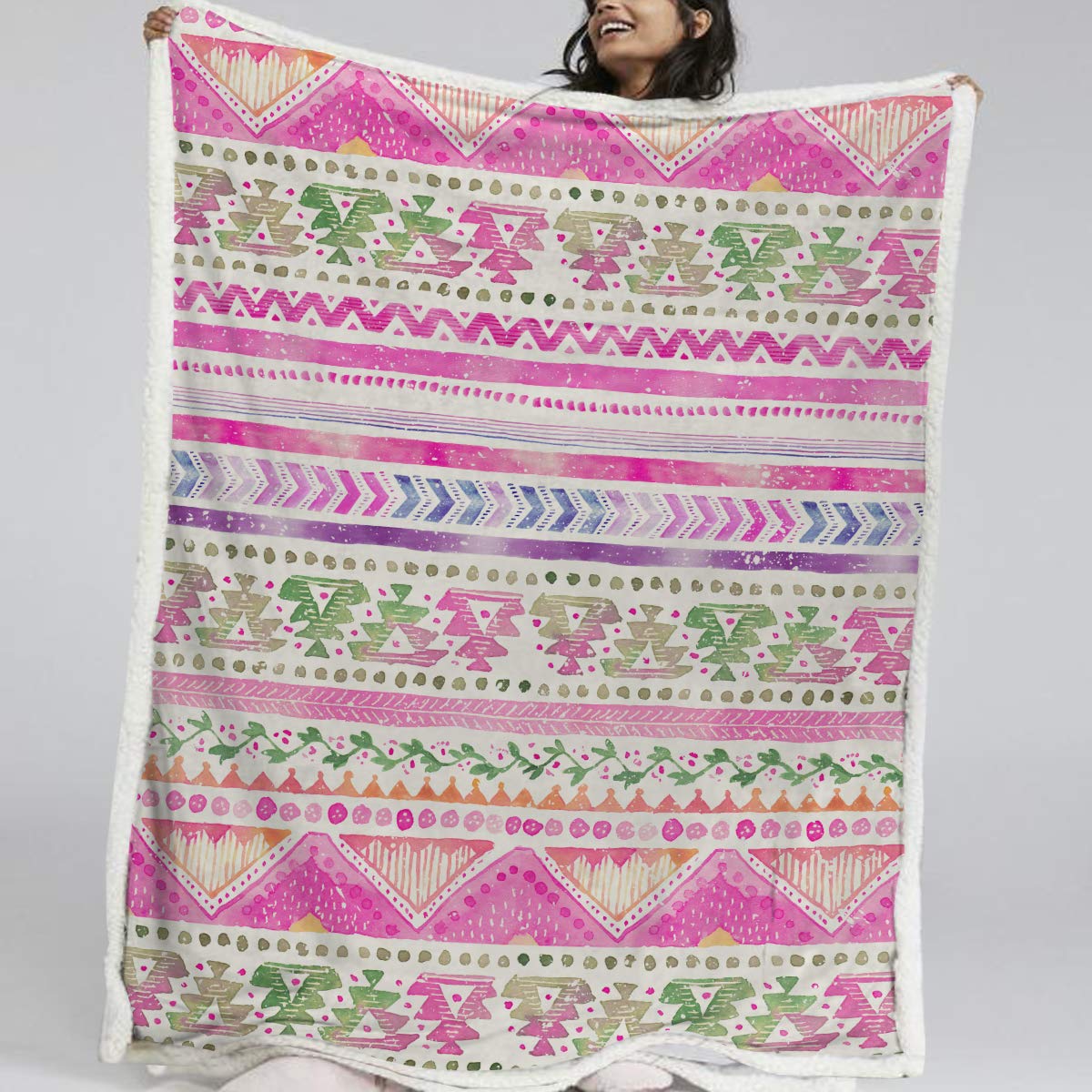 BlessLiving Boho Stripe Sherpa Throw Blanket - Soft Pink White Green Aztec Tribal Geometric Design - 50