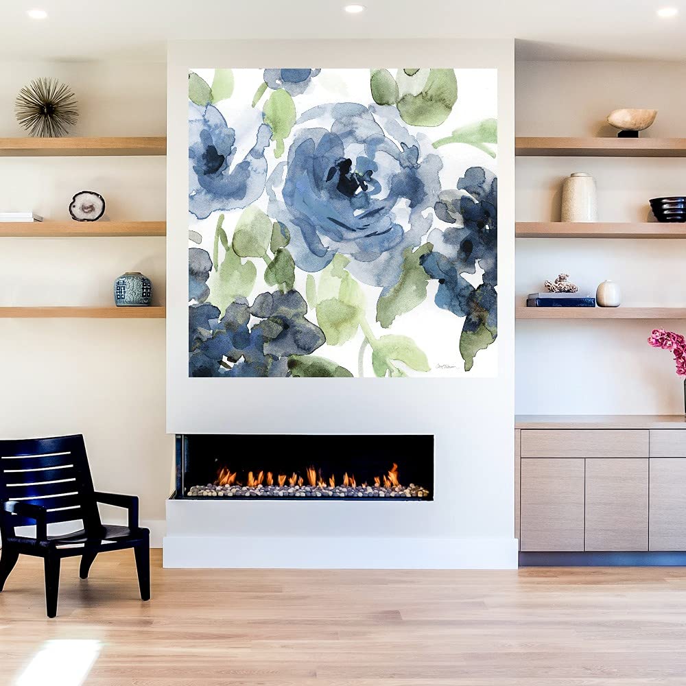 Botanical Wall Art Canvas - Blue Indigo Floral Painting by Carol Robinson 32x32 Inch, Bathroom & Bedroom Decor, Modern Plant Artwork for Home & Office