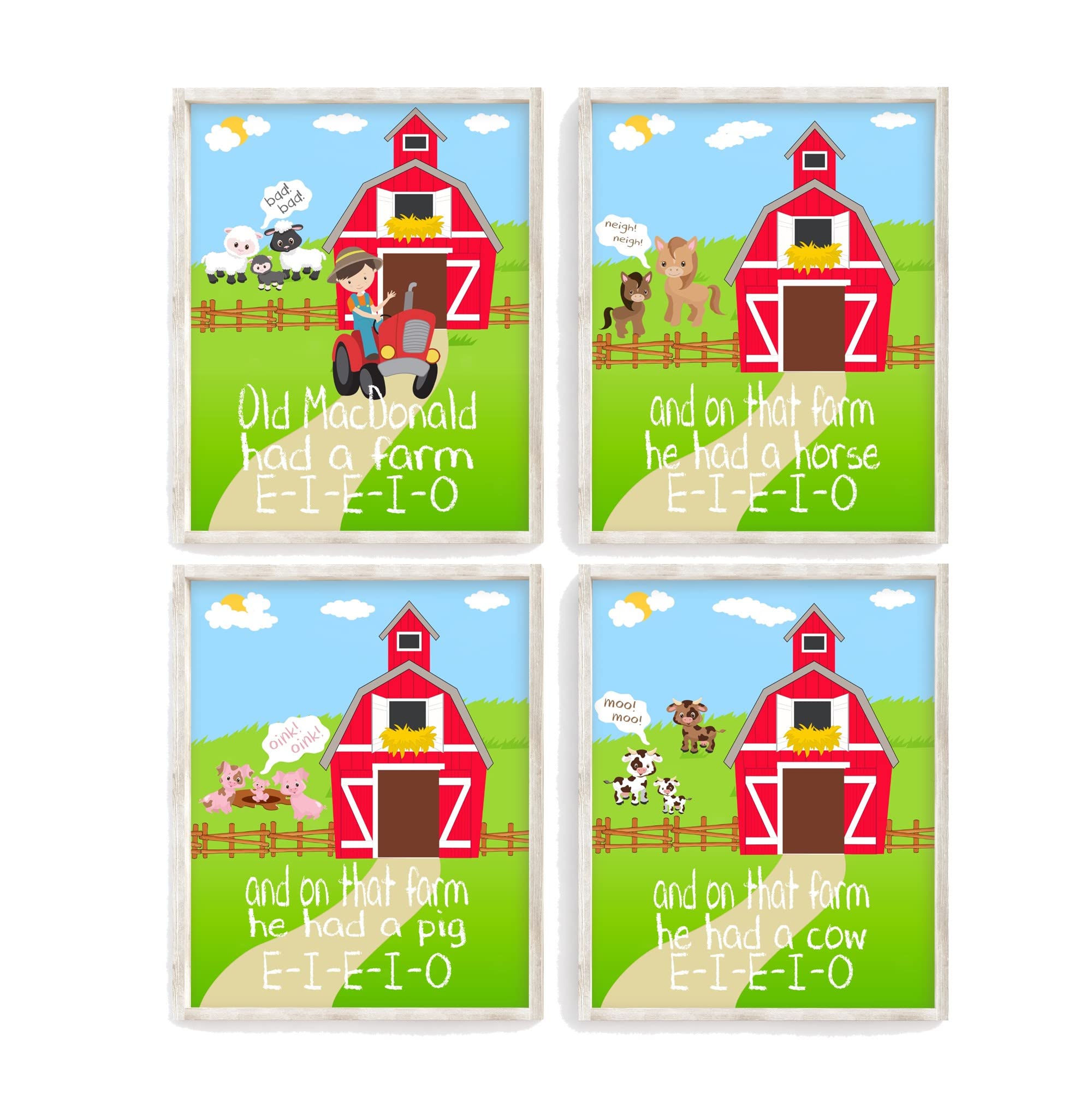 Old MacDonald Had a Farm Nursery Decor - Set of 4 Farm Animal Wall Art Prints for Kids Room, Baby Shower Gift & Farmyard Theme Nursery Decoration - Perfect for Toddler Bedroom, Playroom & Classroom Decor