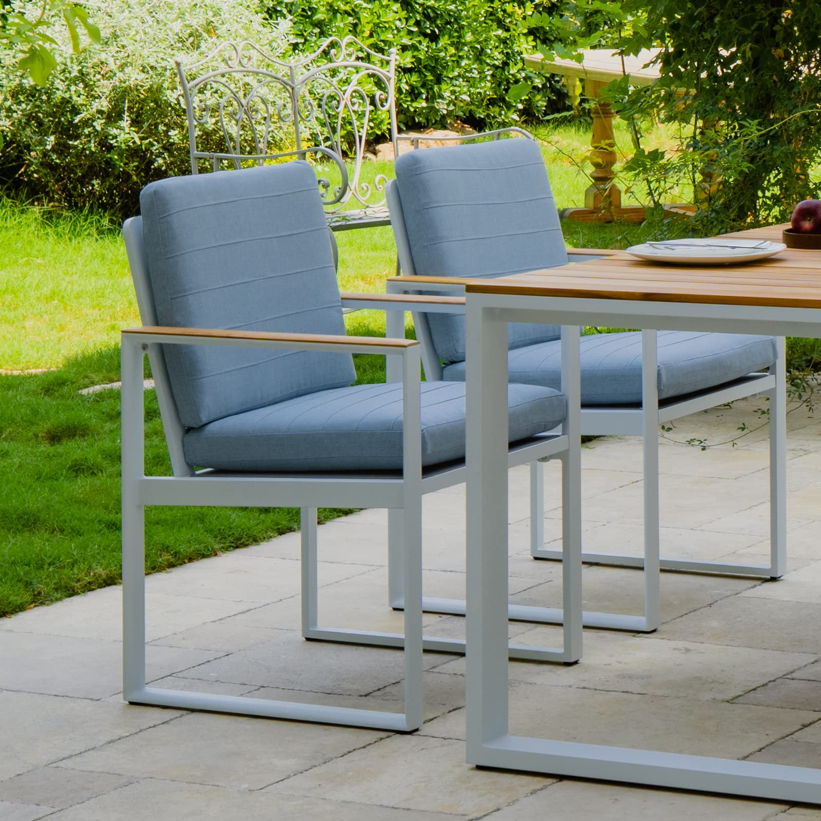 2-Piece White Aluminum Outdoor Dining Chair Set with Teak Armrests & Cushions - Patio, Garden & Backyard Furniture for Relaxing & Entertaining