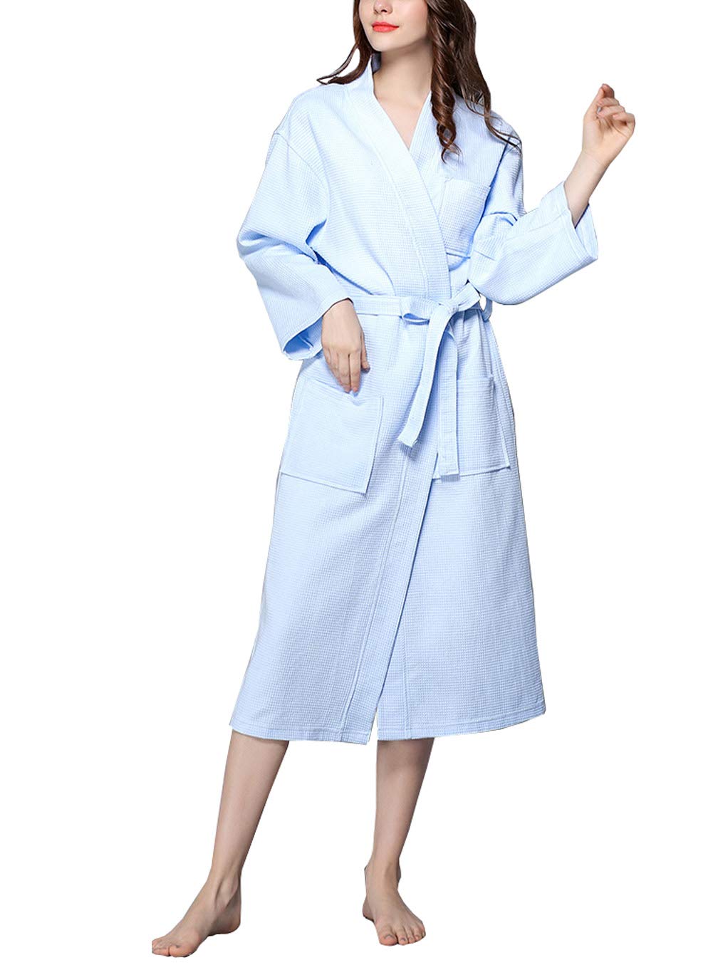 KM Women's Spring & Autumn Long Sleeve Waffle Cotton Bathrobe - Soft & Cozy Loungewear for Spa, Home Relaxation & Hotel Use