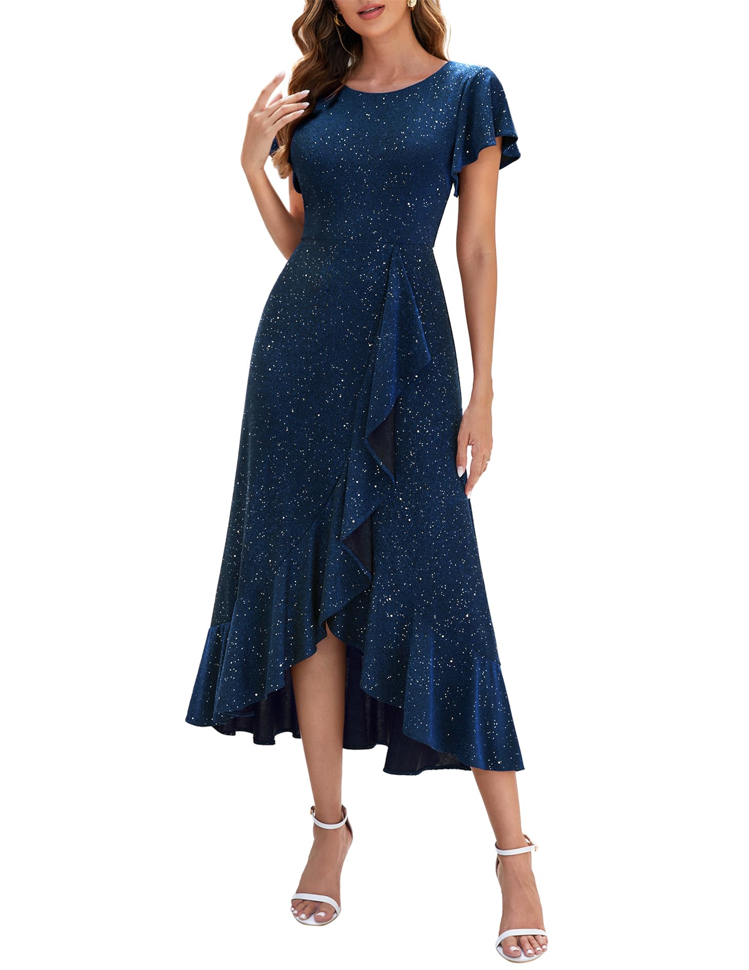BeryLove Women's Sequin Formal Party Dress - Flutter Short Sleeve Wedding Cocktail Long Evening Gown for Prom, Bridesmaid, and Special Occasions