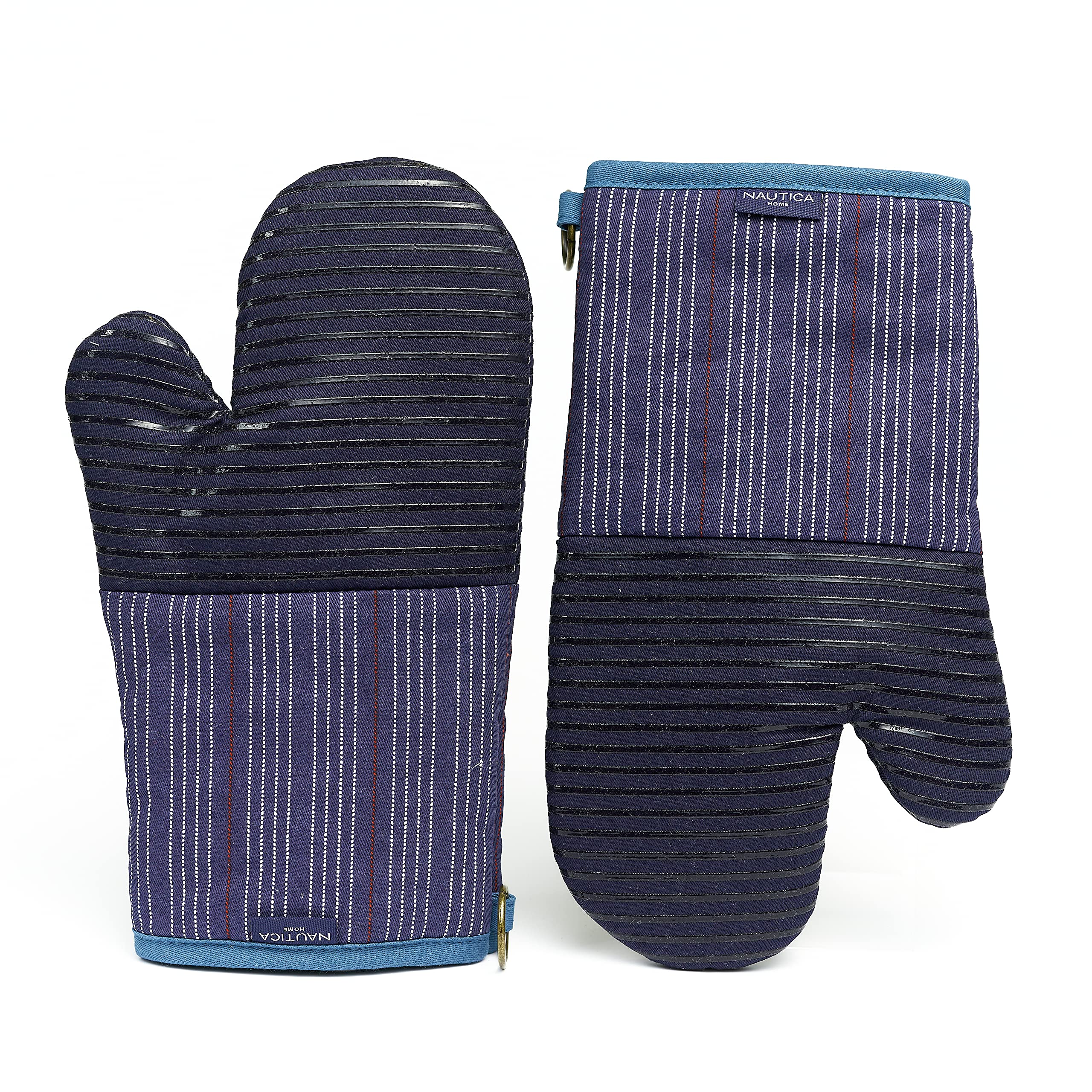 NAUTICA Home - Heat Resistant Oven Mitts & Potholders Set of 2, 500°F Silicone Grip, Navy Stripes - Perfect for Baking, Grilling & Cooking Safety