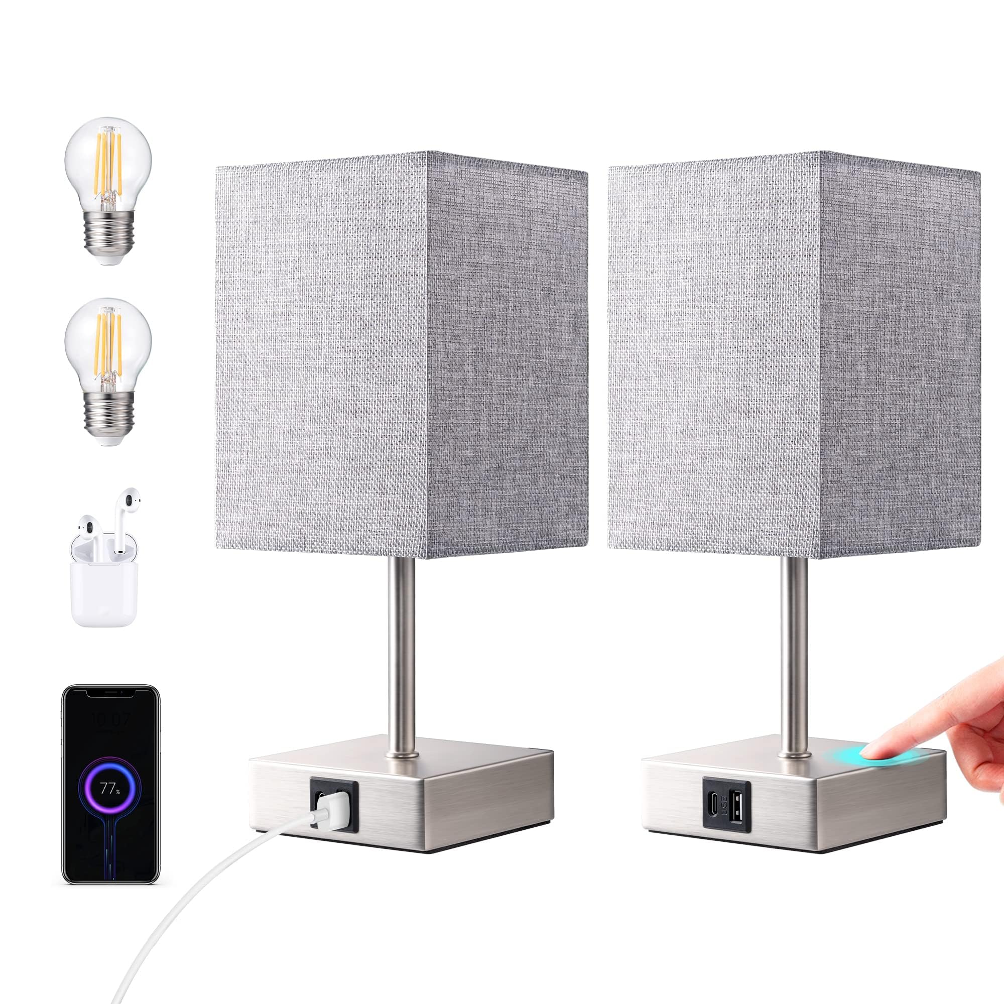 EDISHINE 2-Pack Dimmable Bedside Lamps with USB A+C Charging Ports, Touch Control Table Lamps for Bedroom & Living Room, Grey (LED Bulbs Included) - Perfect for Night Reading and Modern Home Decor