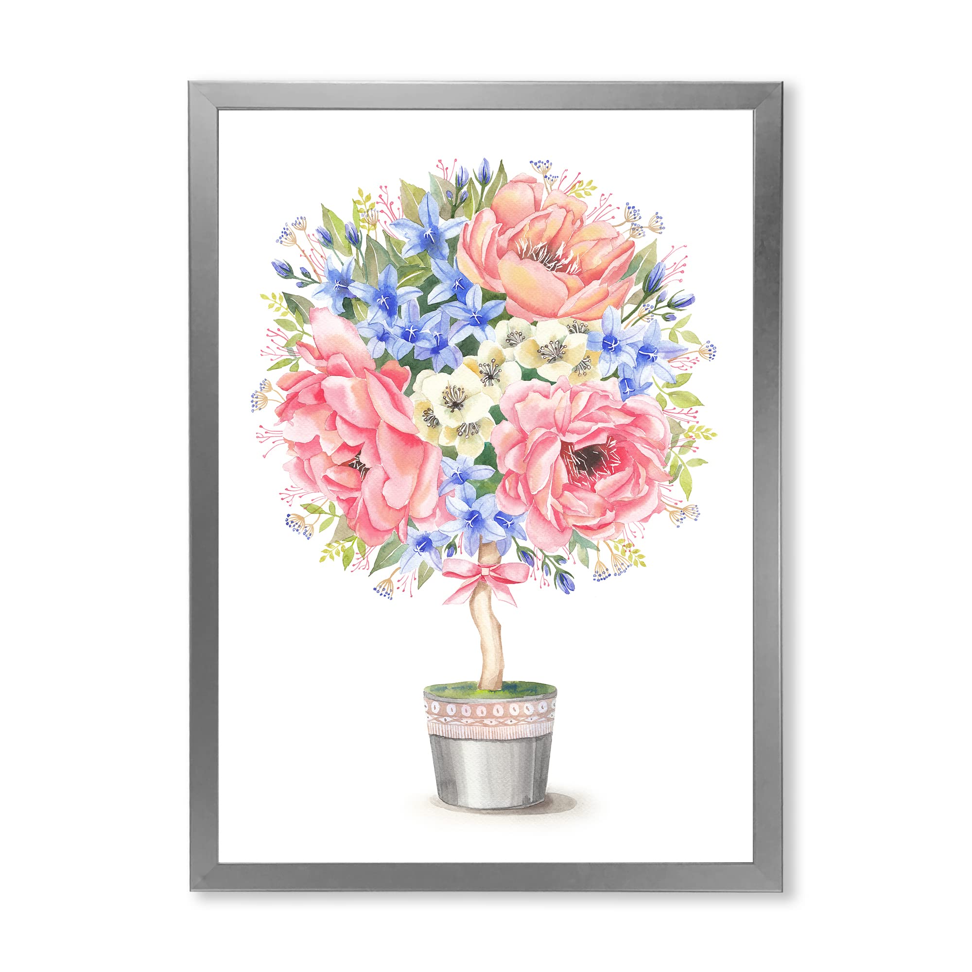 DesignQ Farmhouse Floral Tree in Pot with Bow - Rustic Framed Wall Art Decor for Living Room, Bedroom & Kitchen