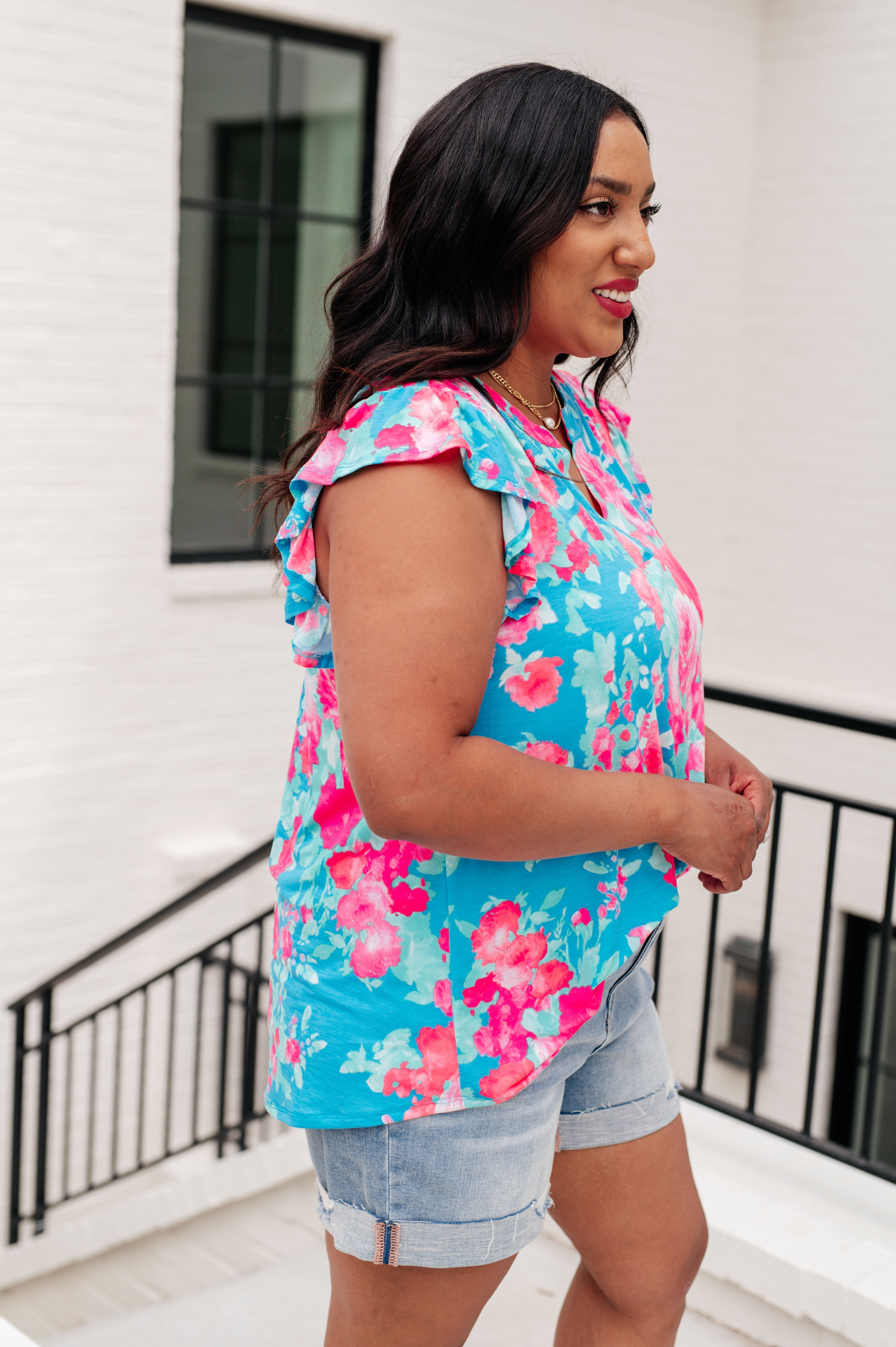 Lizzy Flutter Sleeve Blouse - Blue & Pink Floral Print Women's Tops for Casual Wear, Date Night & Summer Outfits