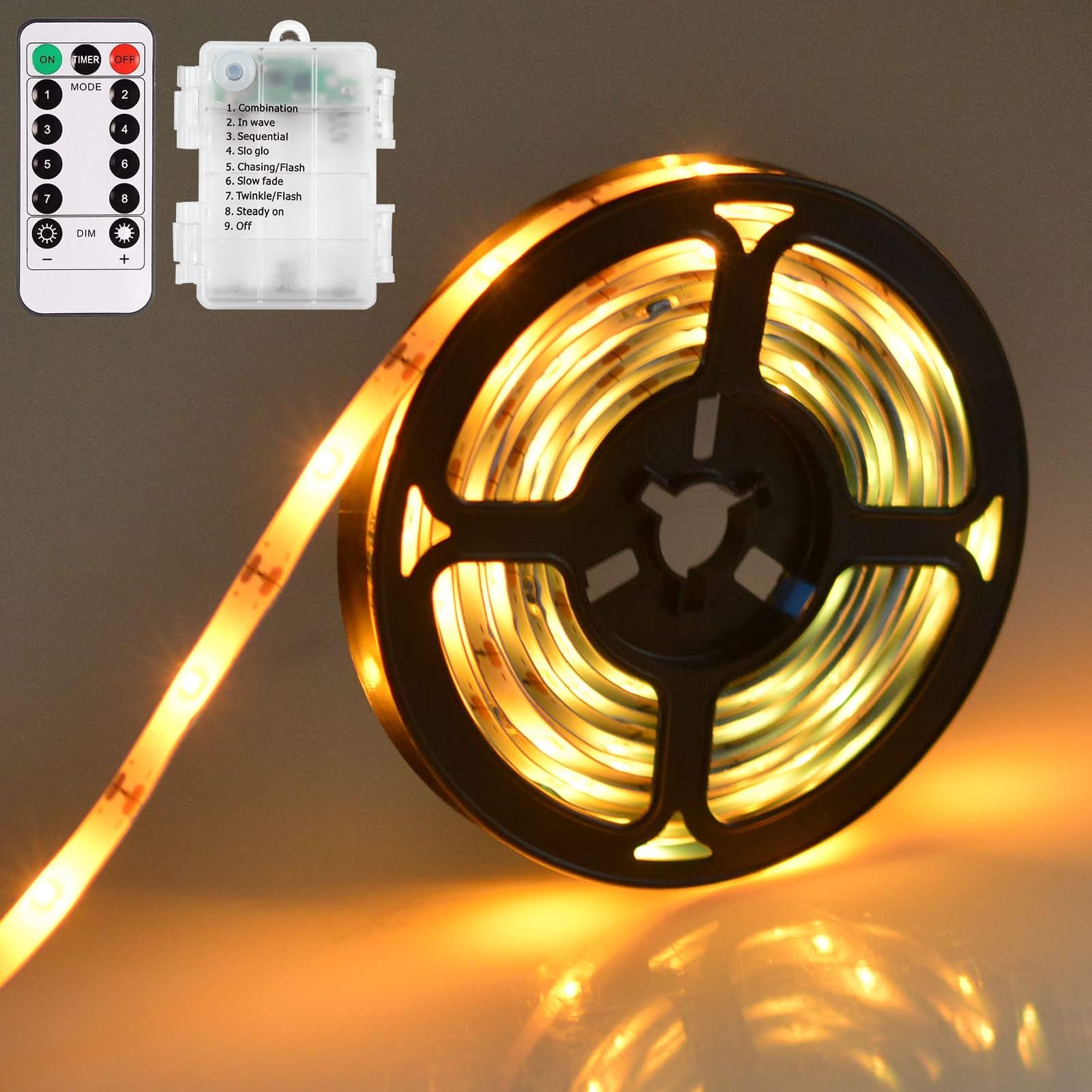 Battery Powered LED Strip Lights - 8 Modes, Remote Control, Dimmer, Timer, Waterproof & Self-Adhesive LED Light Strips for Bedroom, Kitchen, Party Decor