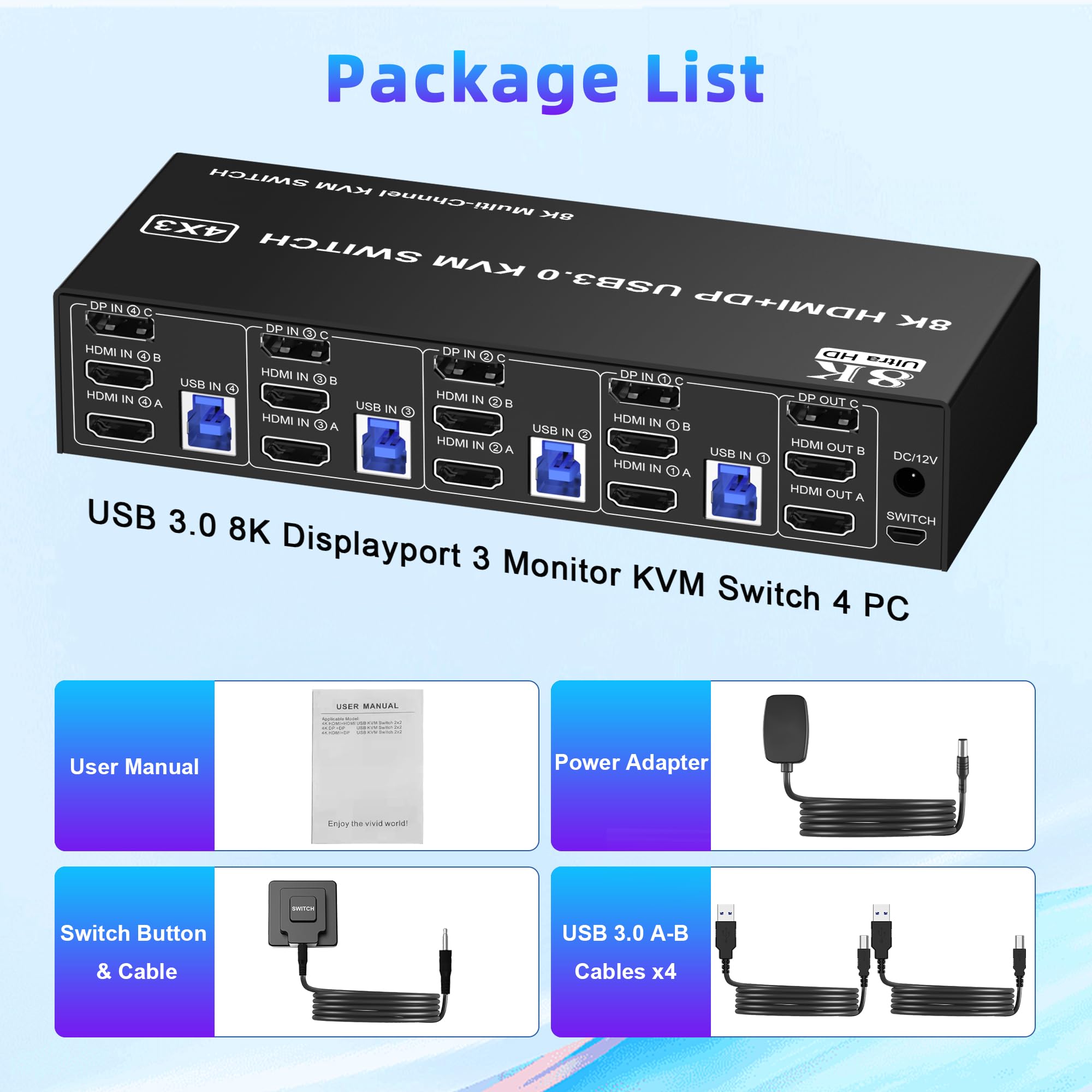 8K@60Hz DisplayPort 1.4 + HDMI 2.1 KVM Switch for 4 Computers & 3 Monitors - USB 3.0 Hub with Audio/Microphone Ports - Triple Monitor Keyboard Mouse Switcher for Gaming, Office & Multi-Tasking Workstations