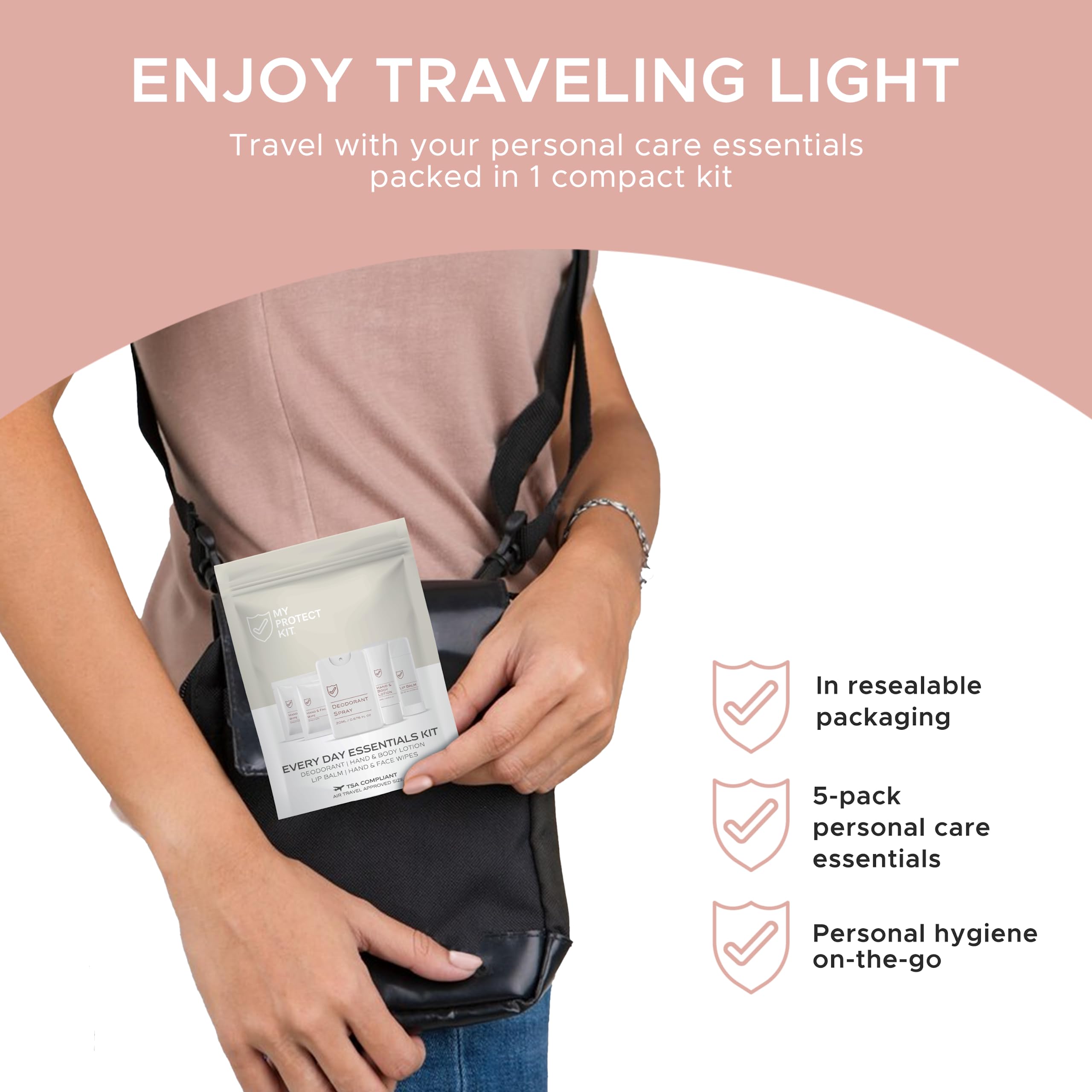TSA Approved Travel Toiletry Kit for Men & Women - Hygiene Essentials with Hand & Body Lotion, Deodorant, Lip Balm, Face Wipes - Perfect for Airplane, Camping & Business Trips - My Protect Kit