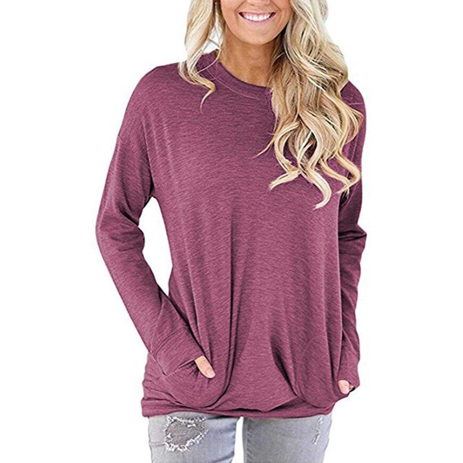 Women's Long Sleeve Casual Shirts - Oversized Loose Fit Blouse with Pocket, Crewneck Pullover T-Shirt | Perfect for Everyday Wear, Work Office & Fall Layering
