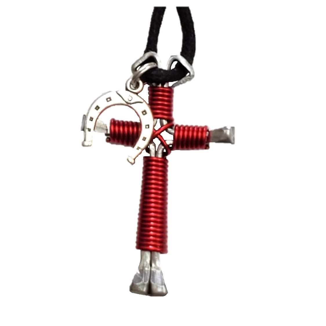 Red Horseshoe Nail Cross Pendant Necklace with Lucky Charm - Perfect for Western Fashion, Cowgirl Jewelry & Gift Ideas