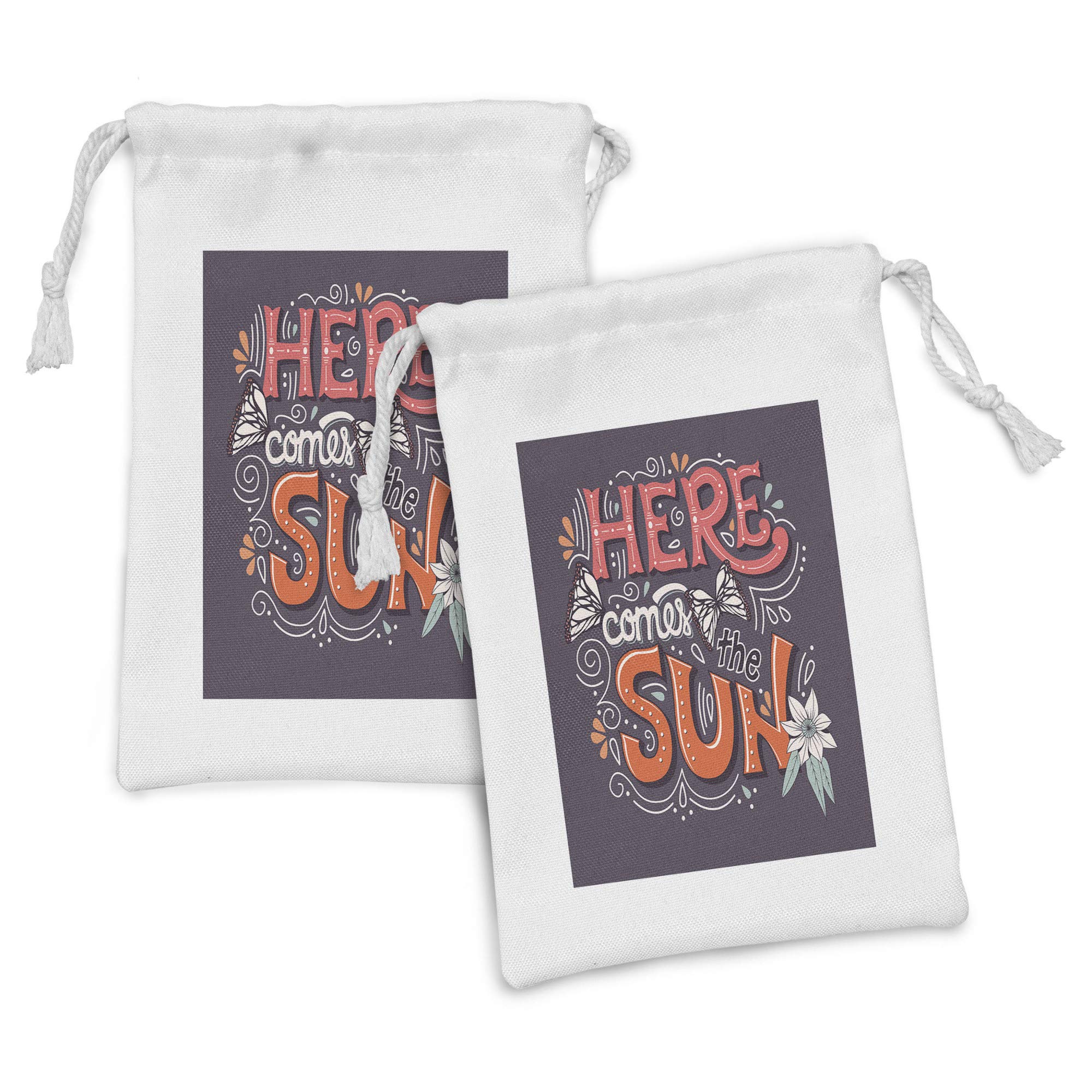 Ambesonne Vintage Floral Butterfly Fabric Pouch Set of 2 - Spring Calligraphy Design Drawstring Bags (9