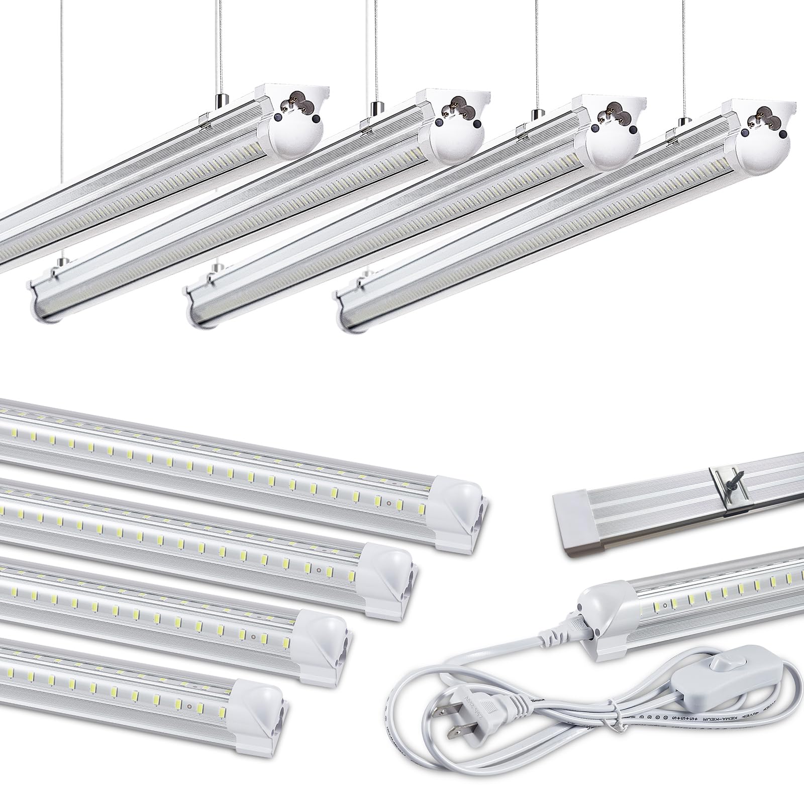8-Pack 4FT LED Shop Lights for Garage - 50W 6000K 7500LM Bright White Light - Hanging or Surface Mount - Linkable T8 4FT Tube Lamps for Warehouse, Workshop, Basement - Plug and Play - Perfect for Industrial Lighting, Home Garage, and Commercial Spaces