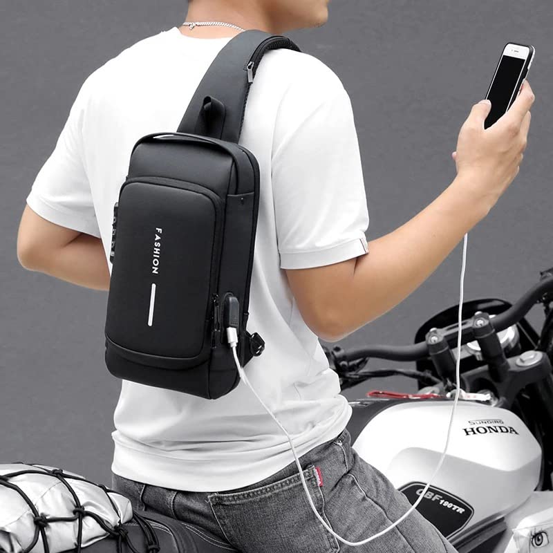 USB Charging Anti-Theft Waterproof Crossbody Sling Bag - Sport Shoulder Chest Daypack for Hiking, Travel & Gym - with Secure Zipper & Phone Charging Port