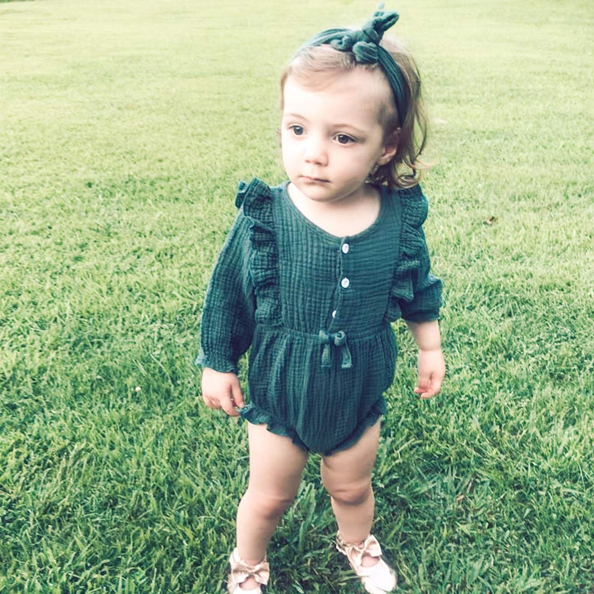 Renotemy Newborn Baby Girl Clothes - Soft Cotton Linen Romper with Ruffle Details | Cute Solid Color Jumpsuit for Infants 0-24 Months | Perfect for Photo Shoots, Playtime & Special Occasions