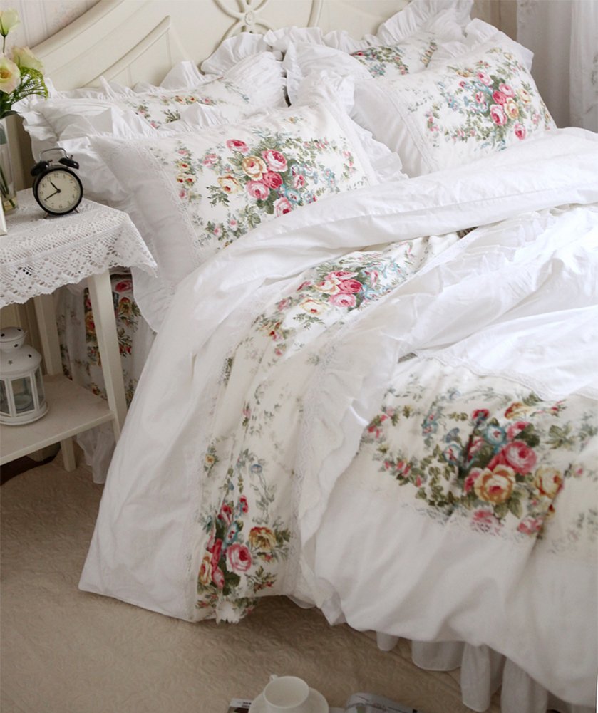 100% Cotton White Duvet Cover Set with Ruffle Frill & Flower Design - 4pc Queen Size Bedding for Master Bedroom & Guest Room Decor