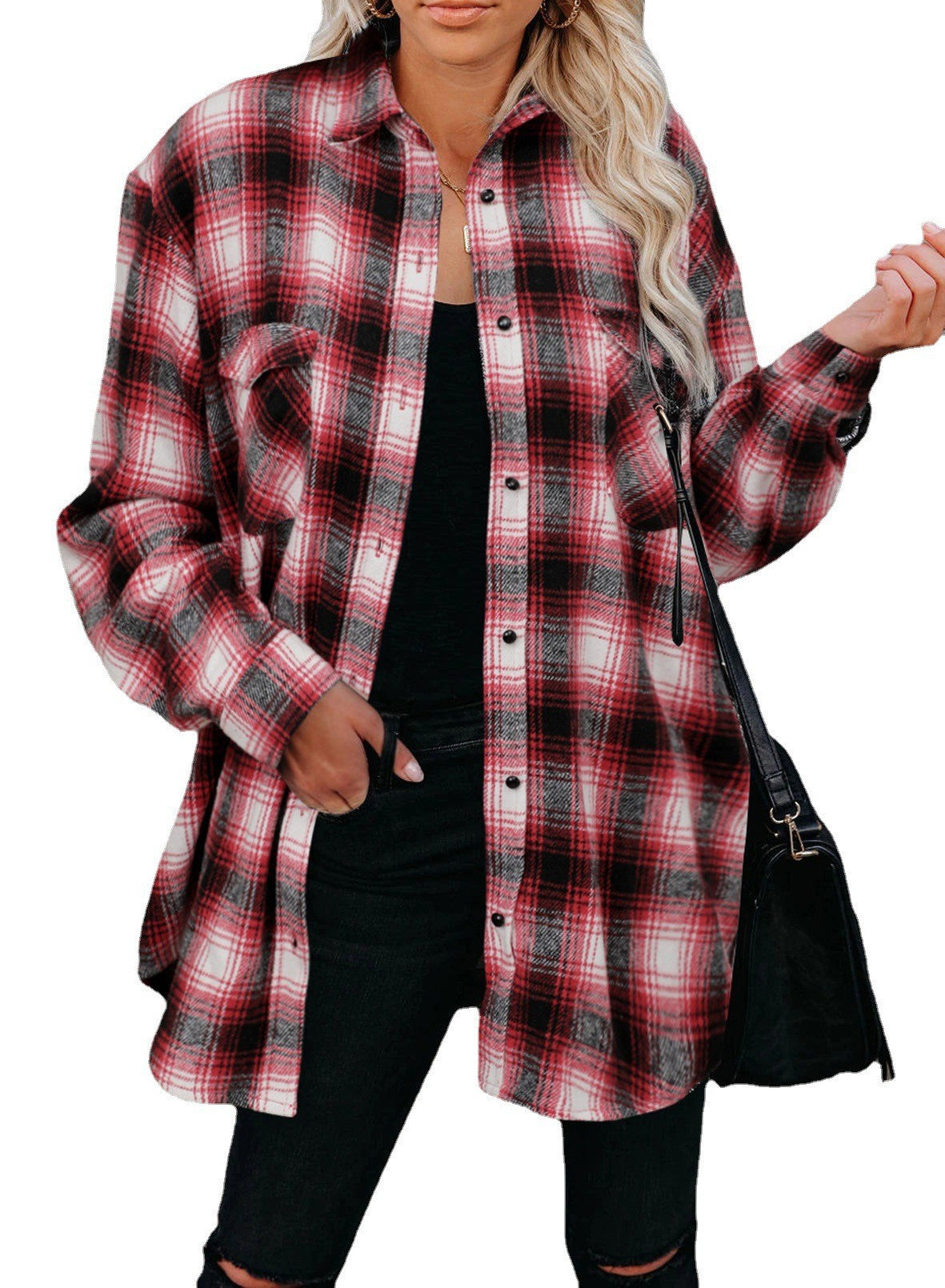Women's Plaid Shirt Spring Loose Fit Mid-Length Blouse with Turndown Collar - Casual Outfit for Work, Dating & Everyday Wear