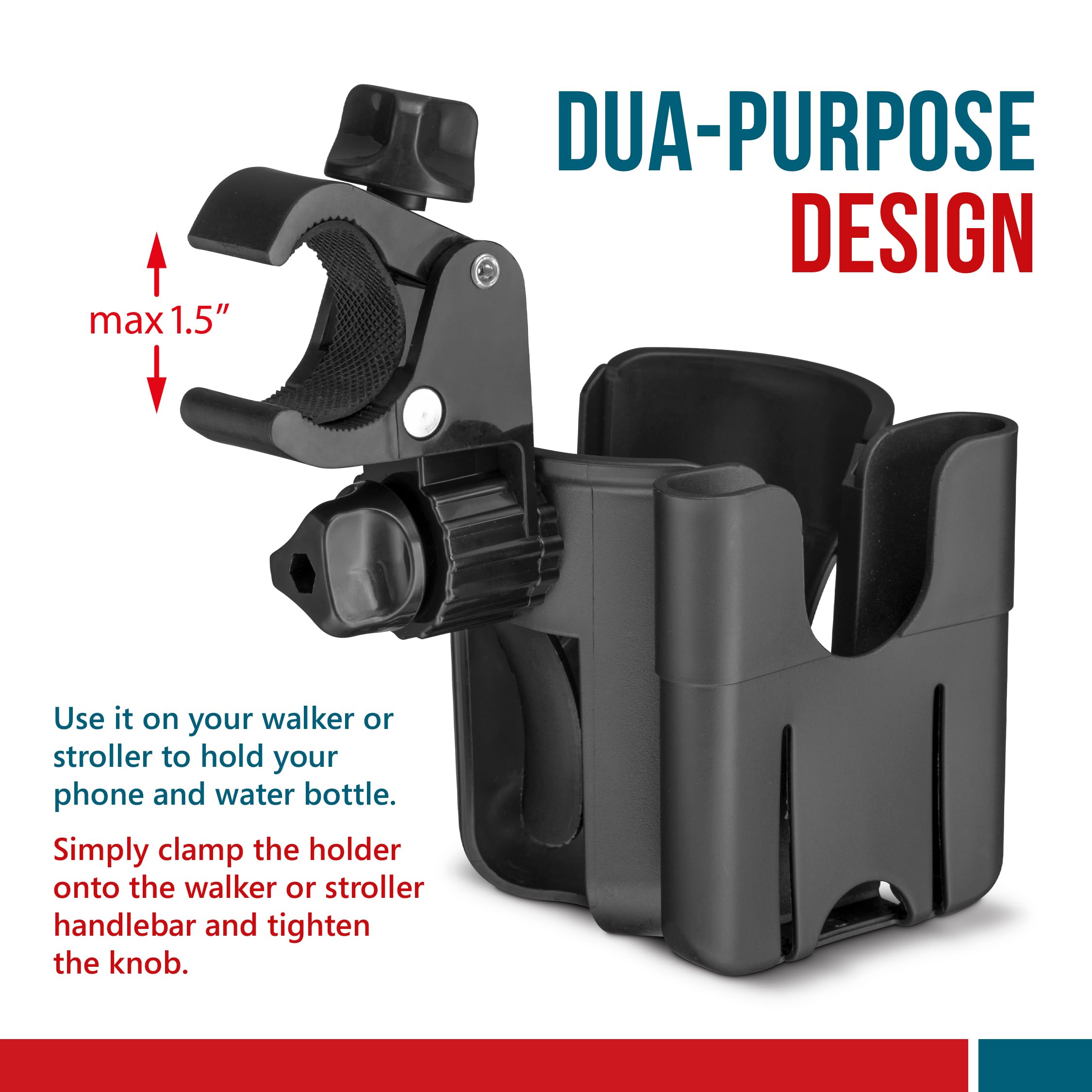 2-in-1 Clamp-On Wheelchair Cup Holder & Phone Mount - Adjustable Drink & Smartphone Caddy for Mobility Scooters & Wheelchairs - Perfect for Outdoor Activities, Travel & Daily Use