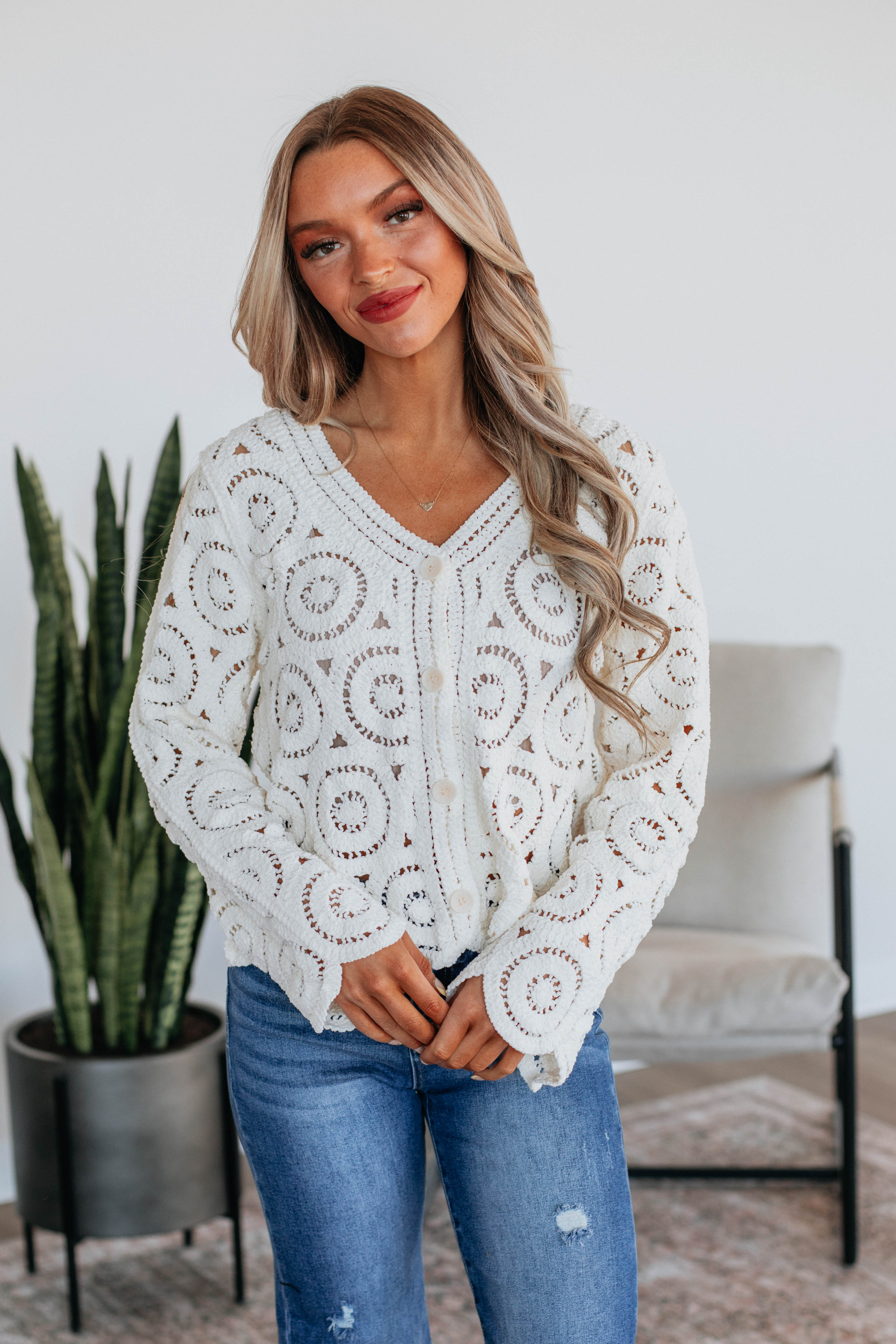 Gwenette Crochet Cardigan Women's Lightweight Open Front Sweater - Cream Beige Knit Wrap Cover Up for Spring, Fall & Cozy Home Wear