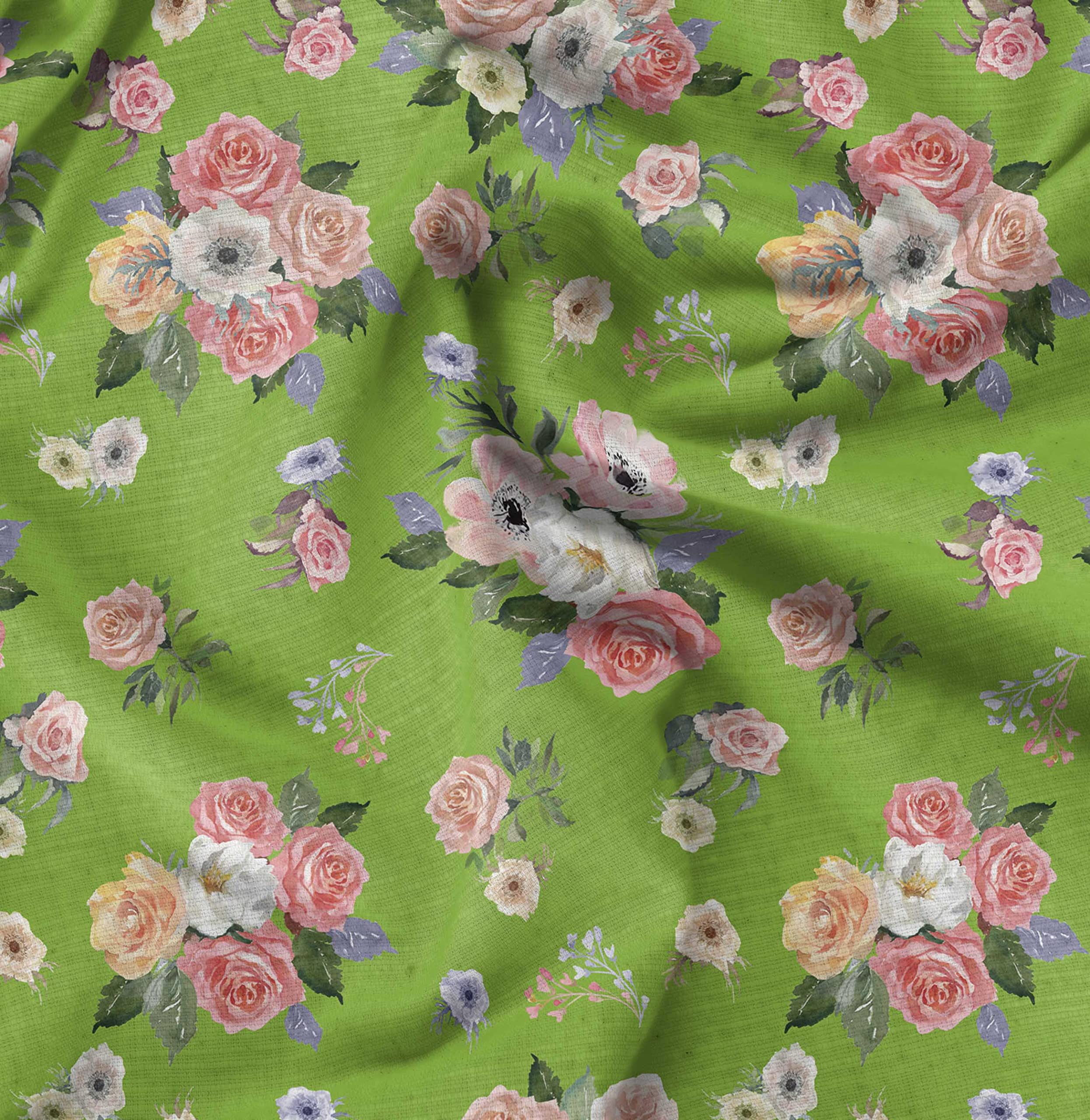 Soimoi Moss Georgette Green Floral Fabric by The Yard - 42 Inch Wide Printed Textile with Anemone & Roses Design for DIY Crafts, Dresses, Curtains & Home Decor