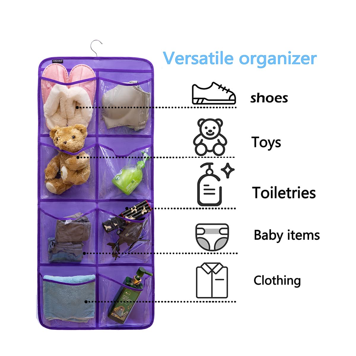 Dual-Sided Hanging Closet Organizer with 26 Pockets - Perfect for Socks, Underwear, Bras, Baby Clothes & Toddler Shoes (Purple-Clear Pockets) | Space-Saving Storage Solution for Kids' Rooms & Nursery Organization