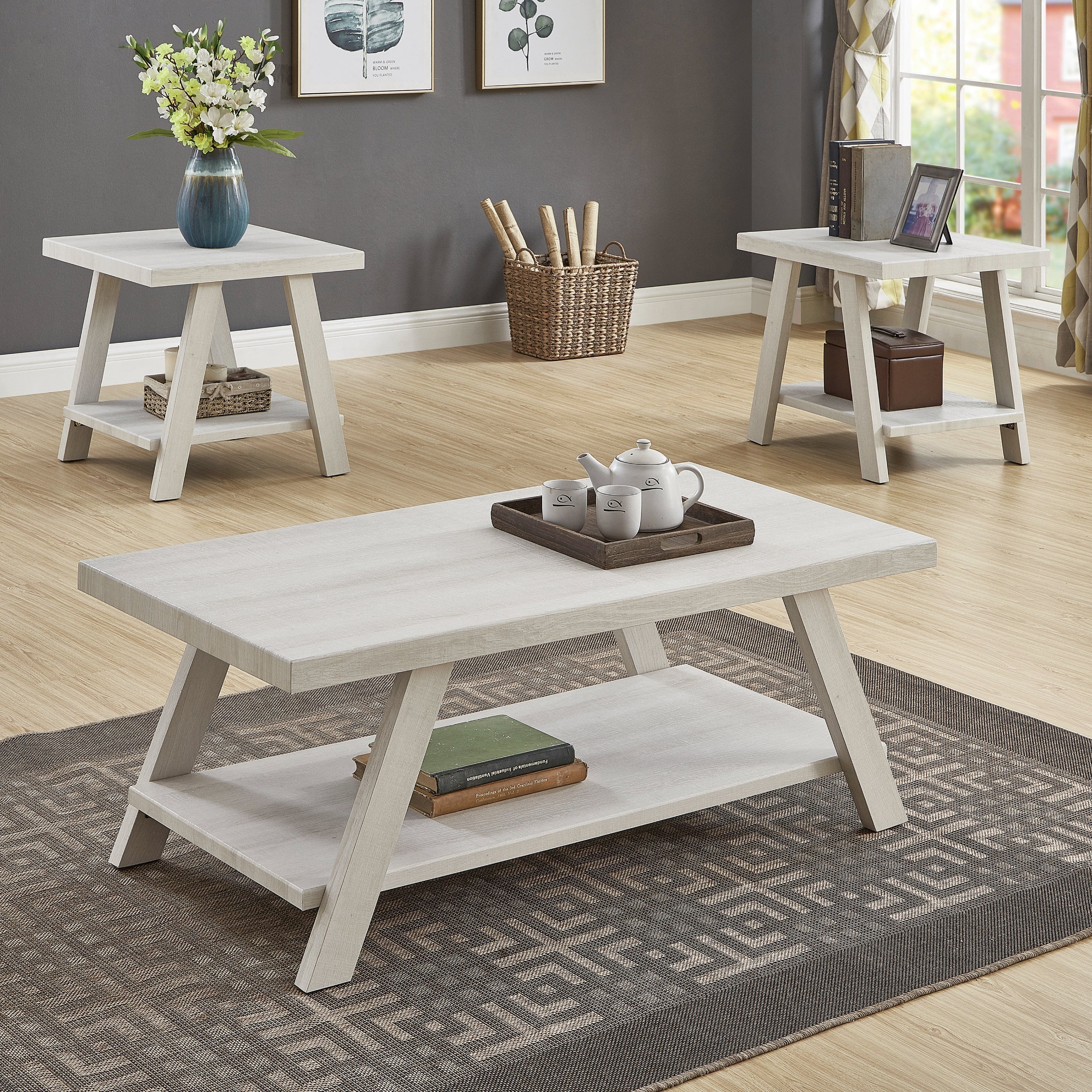 Roundhill Furniture Athens Contemporary White Wood Shelf Coffee Table Set - Modern Living Room & Office Decor for Stylish Home Furnishing