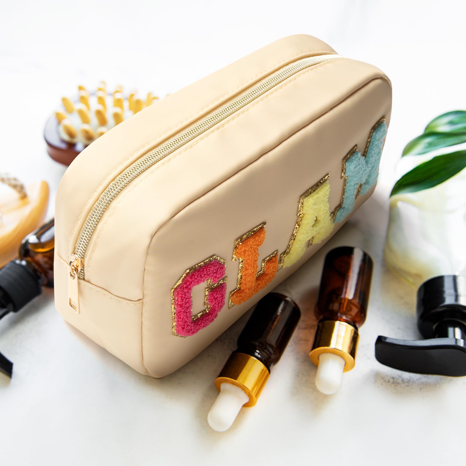 Soft Chenille Alphabet Makeup Bag with Embroidered Design - Stylish Zippered Cosmetic Pouch for Women & Teens - Perfect Travel Organizer for Everyday Essentials, Birthday Gifts & Holiday Presents (Great for School, Gym & Weekend Getaways)