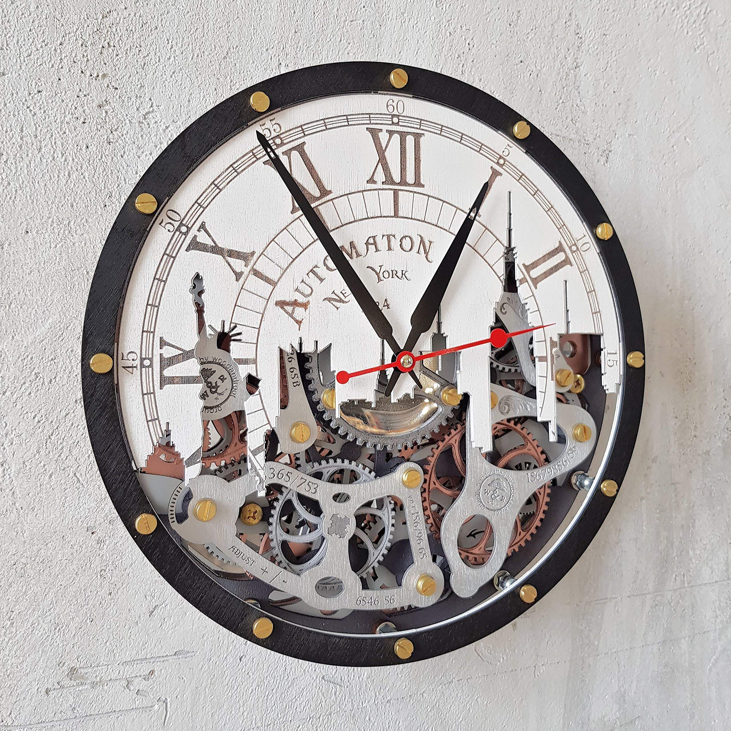 Steampunk New York City Skyline Wall Clock with Moving Gears - Handcrafted Mechanical Decor for Home, Kitchen, Living Room & Office - Unique Personalized Gift Idea for Clock Lovers & Cityscape Enthusiasts - Perfect for Industrial Decor, Steampunk Themed Rooms & Urban Home Offices