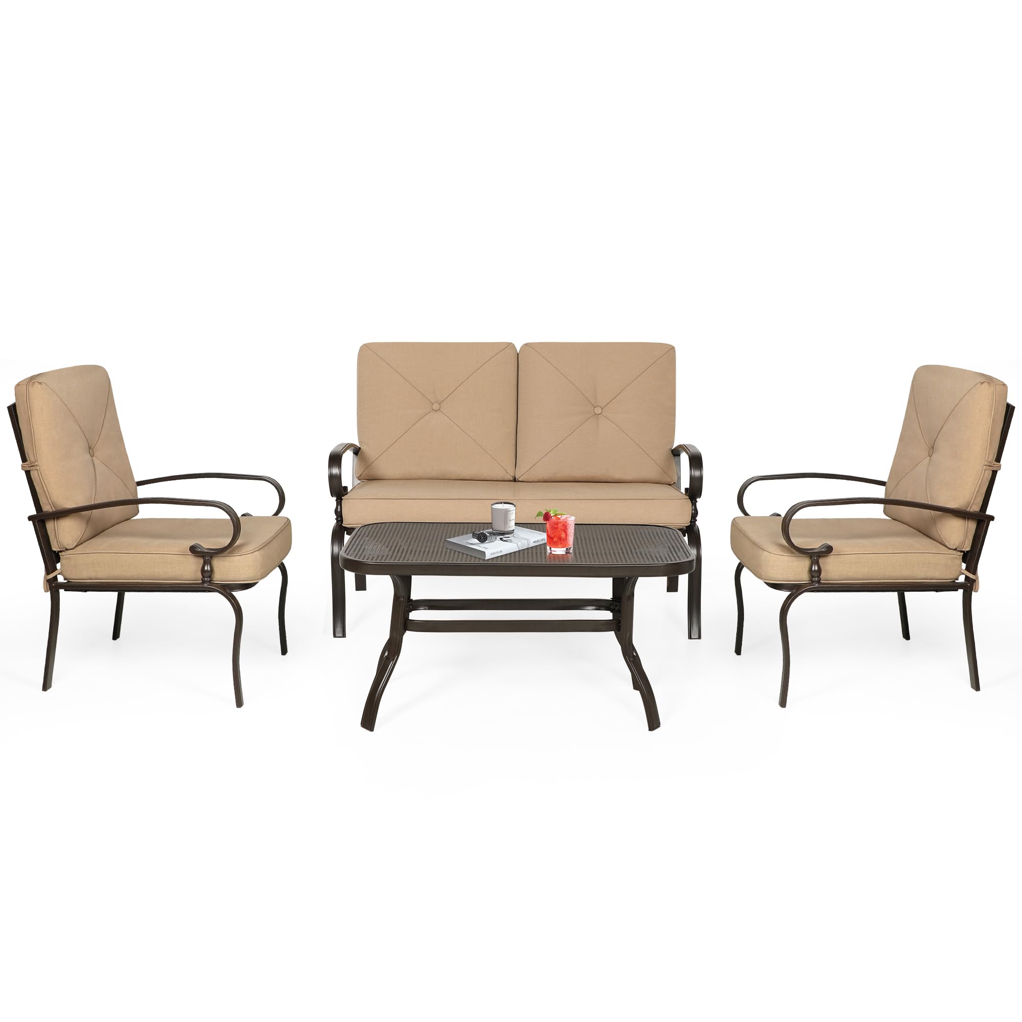 4-Piece Modern Outdoor Patio Furniture Set - Loveseat, 2 Dining Chairs & Coffee Table with Brown Cushions, Metal Bistro Set for Garden, Yard, Balcony | Perfect for Relaxing, Entertaining & Outdoor Dining