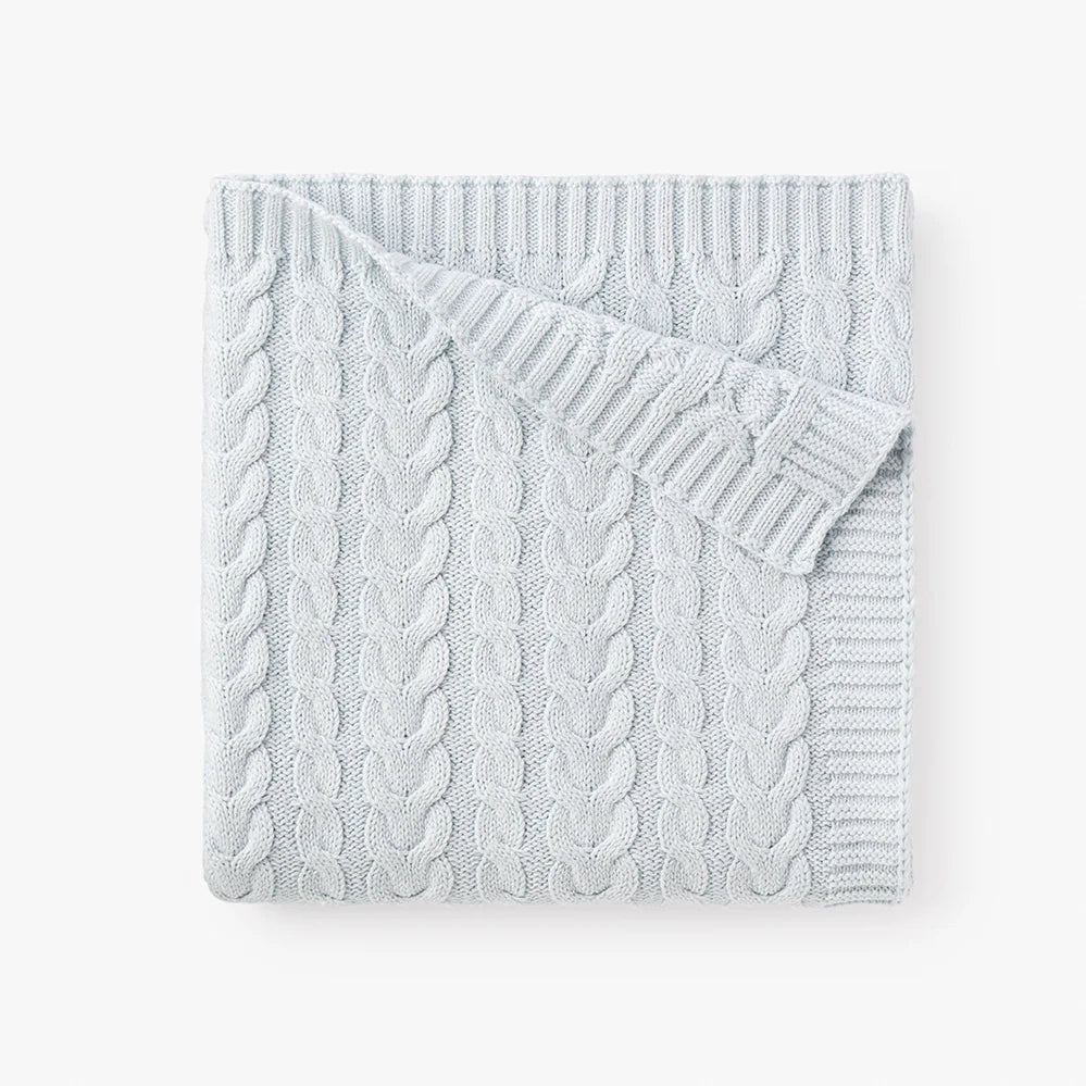 Soft Pale Blue Horseshoe Cable Knit Baby Blanket - Cozy & Warm Newborn Swaddle Wrap for Crib, Stroller & Nursery Decor