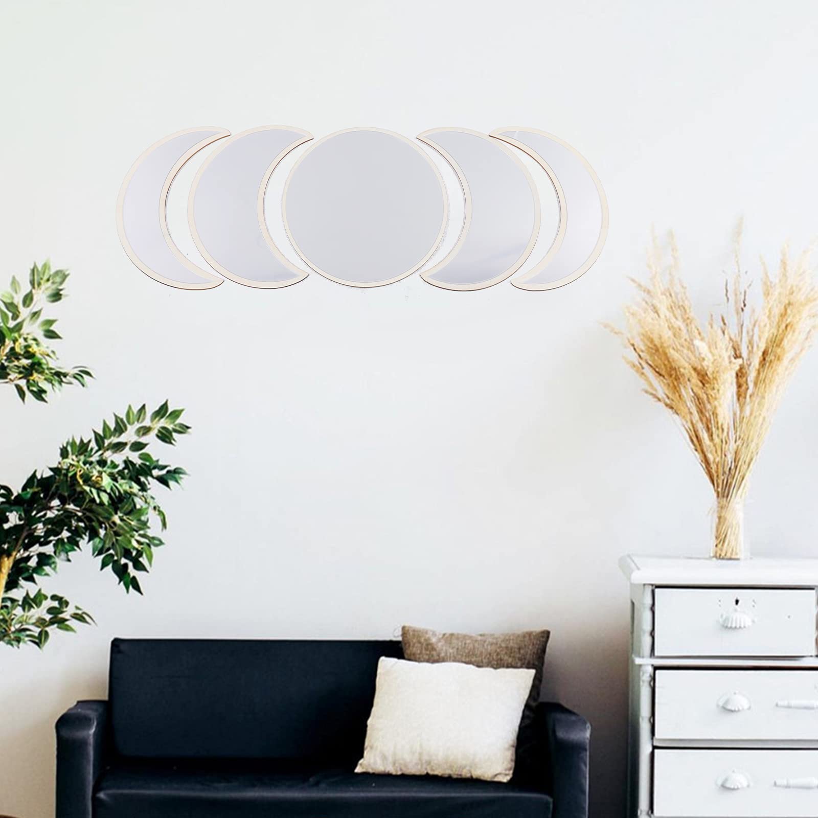YIYIBYUS 5PCS Wooden Round Moon Phase Mirror Set - Rustic Wall Mounted Hanging Decorative Mirror for Bedroom, Living Room & Home Decor - Moon Cycle Acrylic Mirror with Floating Shelf (Perfect for Boho, Farmhouse & Vintage Style Interiors)