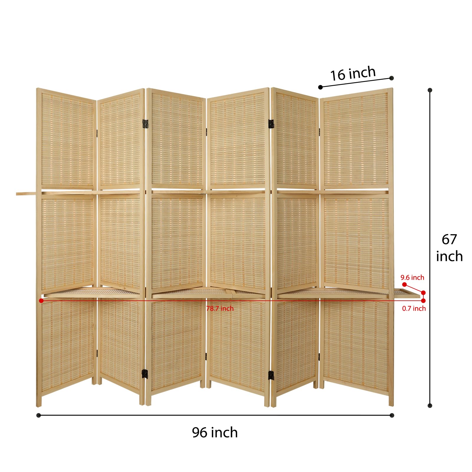 ECOMEX 6 Panel Bamboo Room Divider with Shelves - Foldable Privacy Screen for Home, Office, Studio Apartment & Garage - Natural Wood Partition for Space Organization & Decoration