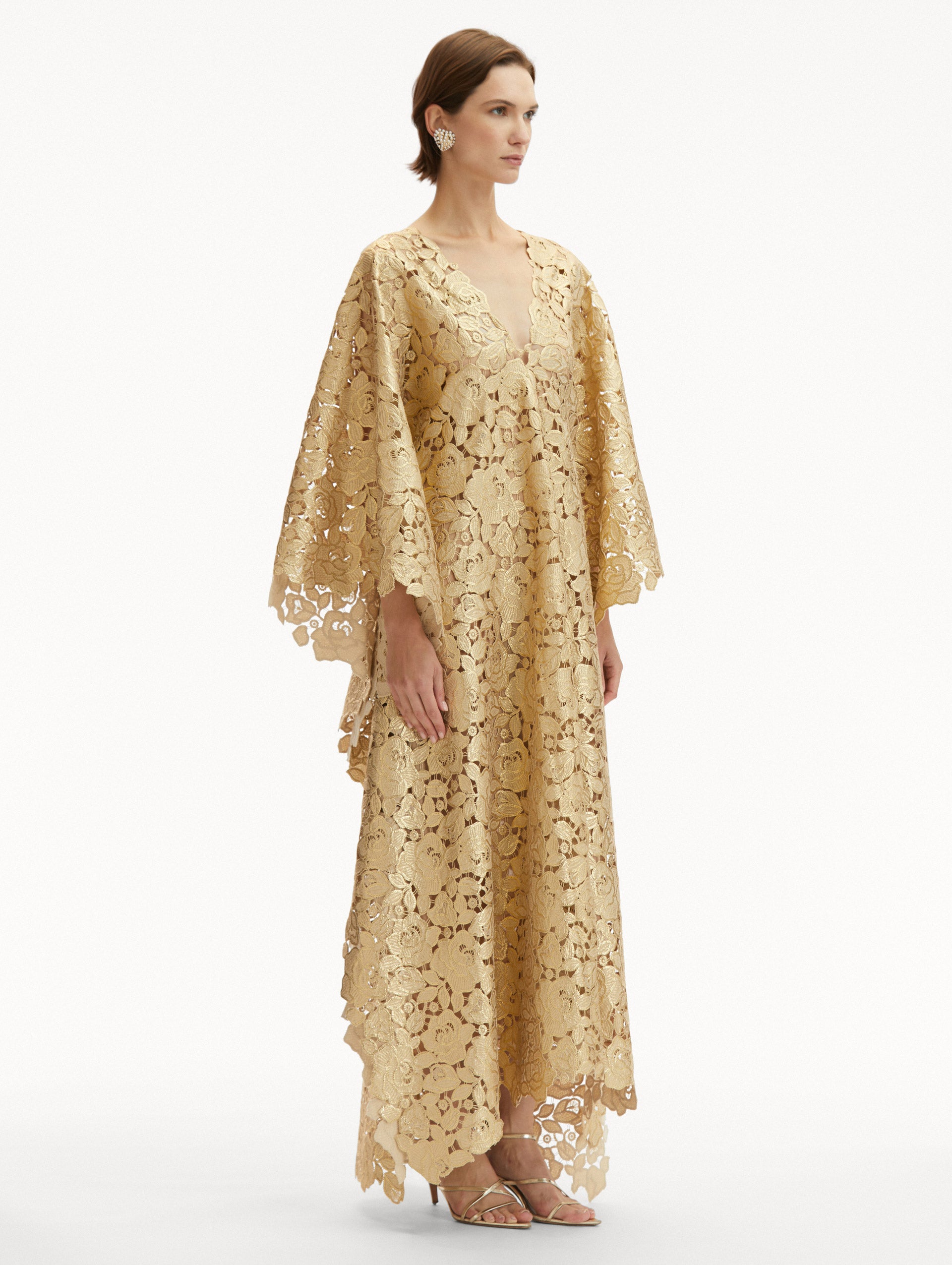 Elegant Gold Foil Rose Guipure Caftan Dress - Women's Boho Maxi Dress for Beach Wedding, Party & Special Occasions
