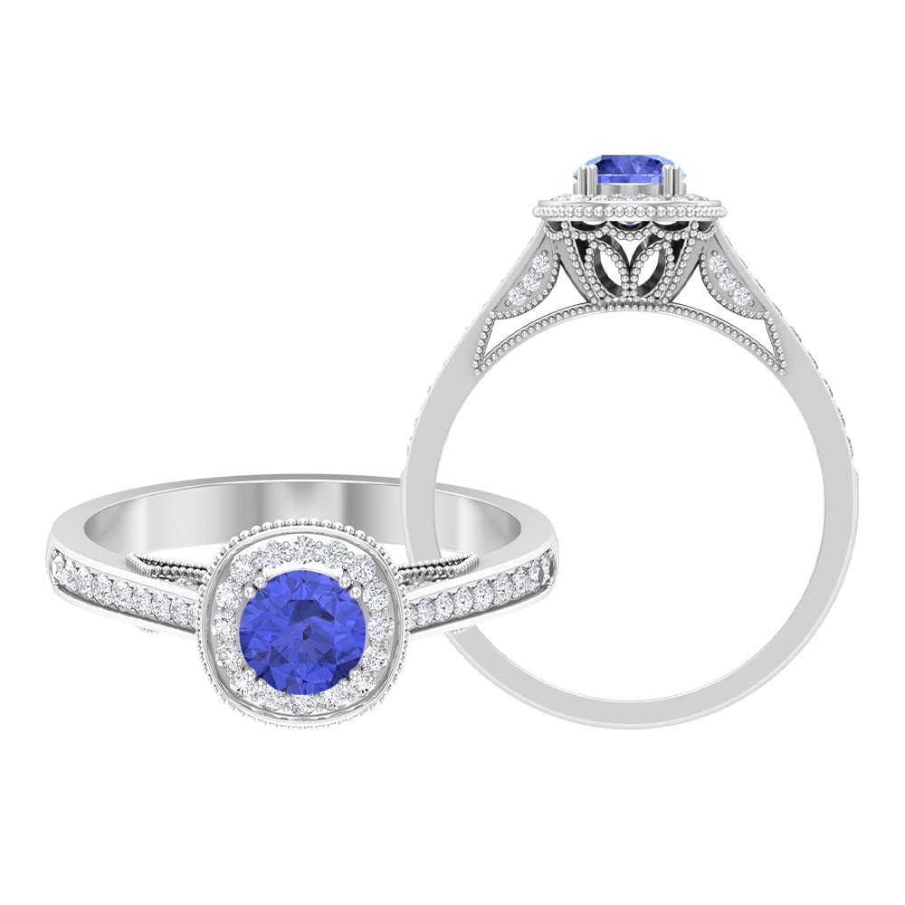1 CT Certified Tanzanite & Diamond Vintage Ring in 14K Solid Gold - Blue Tanzanite Engagement Ring with Crown Shank & Beaded Detailing for Weddings, Anniversaries & Special Occasions