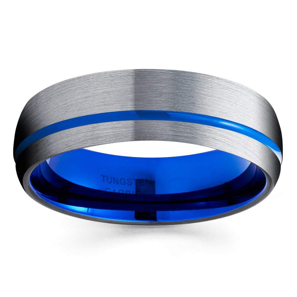 6mm Blue & Gray Tungsten Carbide Wedding Ring for Men - Durable & Scratch-Resistant Anniversary & Engagement Band with Offset Groove Design - Perfect for Everyday Wear, Gifts & Special Occasions