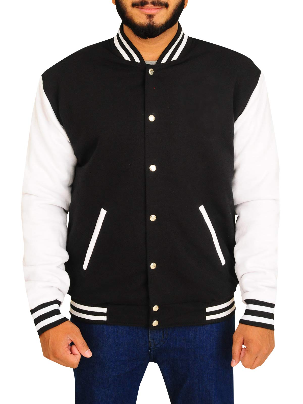 Trendhoop Men's High School Baseball Varsity Letterman Fleece Bomber Jacket - Black & White, Small | Warm Casual Outerwear for School Sports & Winter Fashion
