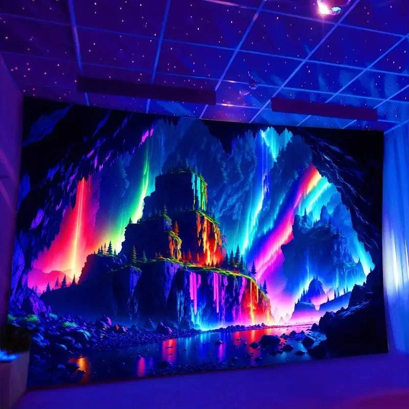 Cave Landscape Glow in the Dark Tapestry - UV Reactive Wall Art Decor for Bedroom, Living Room & Dorm Room Aesthetic