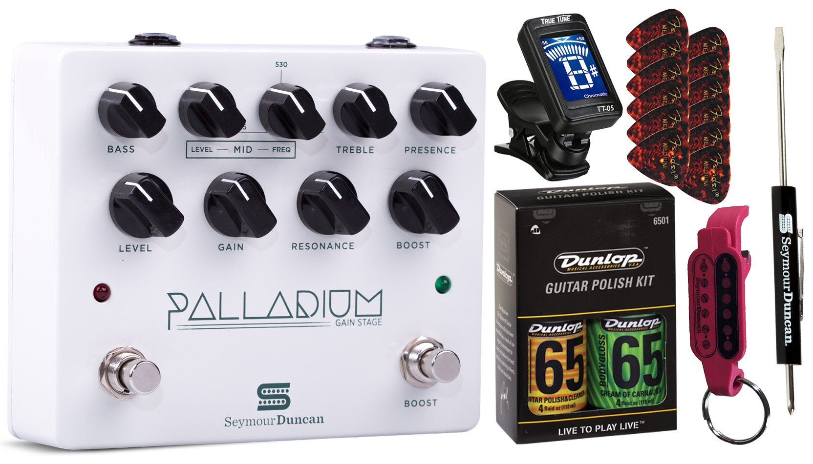 Seymour Duncan Palladium Gain Stage Guitar Effects Pedal with Polish Kit, Tuner, Picks, Tools & Keychain Bundle - White | Professional Guitar Pedal for Rock, Metal & Studio Recording