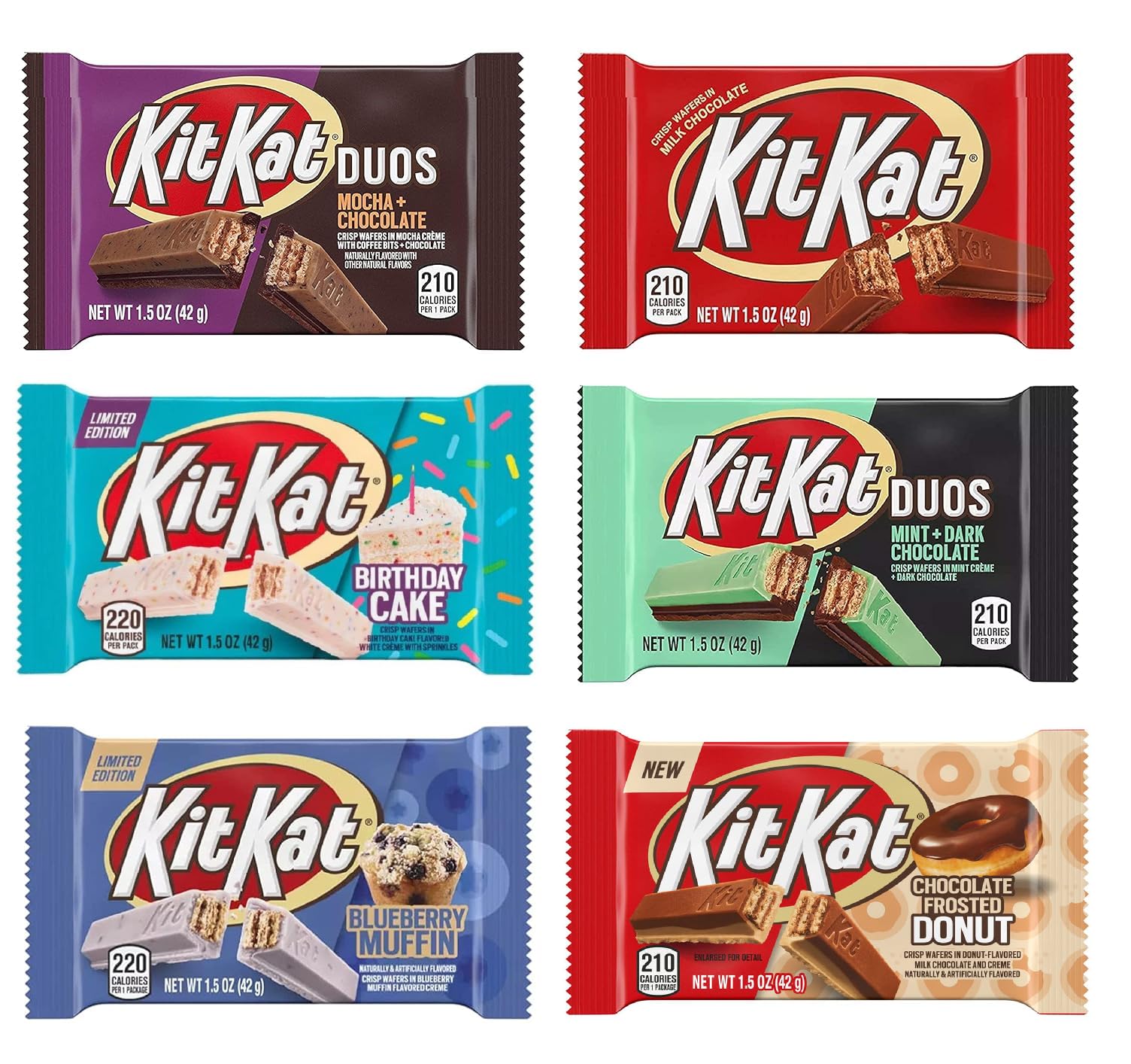 Hershey's KitKat Chocolate Bars Variety Pack - 6 Assorted Flavors (Milk, Dark, Mint, Mocha, Strawberry, Blueberry Muffin) - 1.5 oz Each - Perfect for Snacking, Gifts & Party Favors