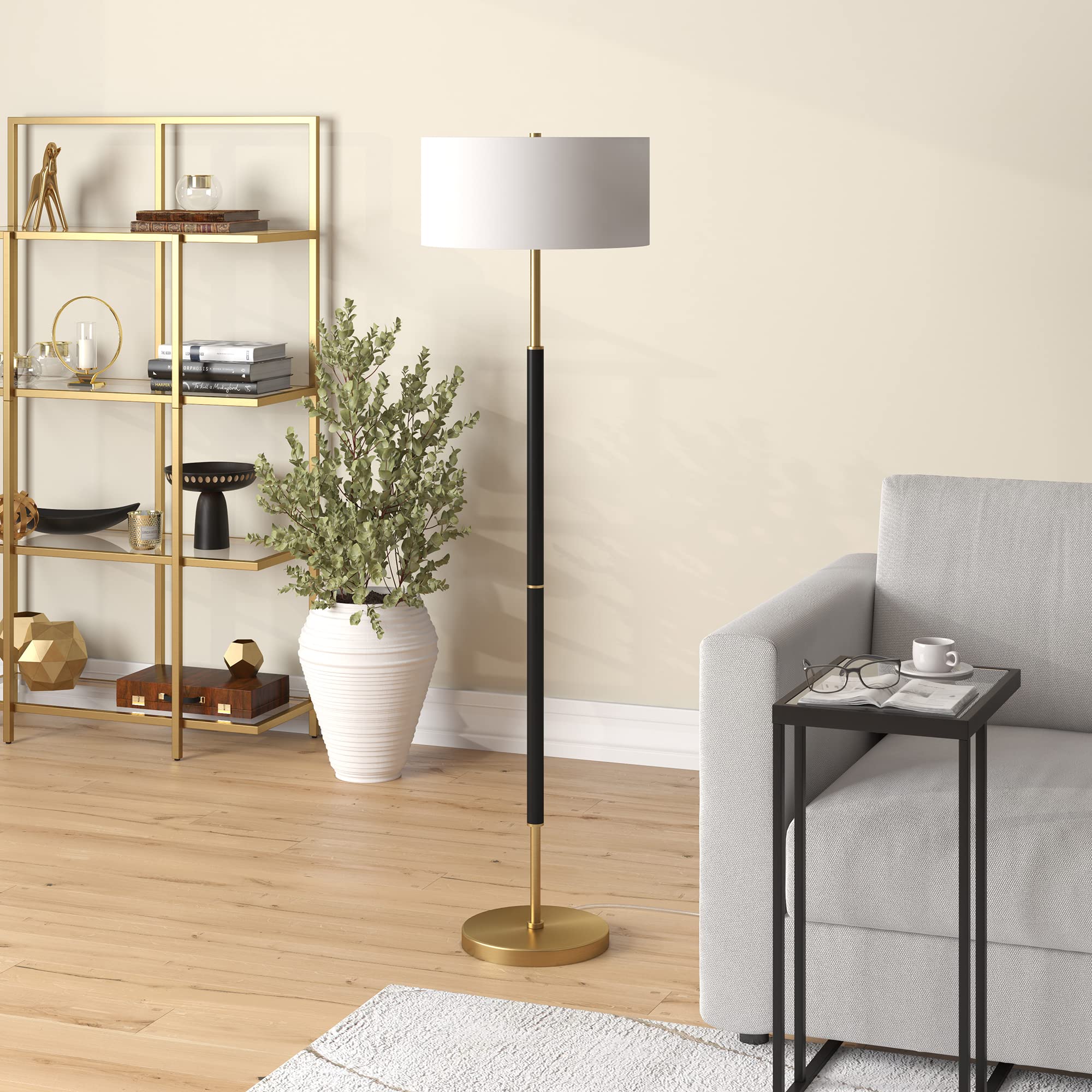 Henn&Hart 2-Light Modern Floor Lamp with Fabric Shade - Matte Black/Brass/White Finish - 61