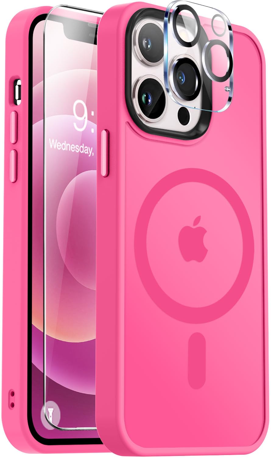 Vooii Strong Magnetic iPhone 12 Pro Max Case - Slim Translucent Matte Cover with Magsafe Compatibility, Aluminum Alloy Buttons & Screen/Camera Protectors | Perfect for Everyday Use, Work & Travel - Hot Pink