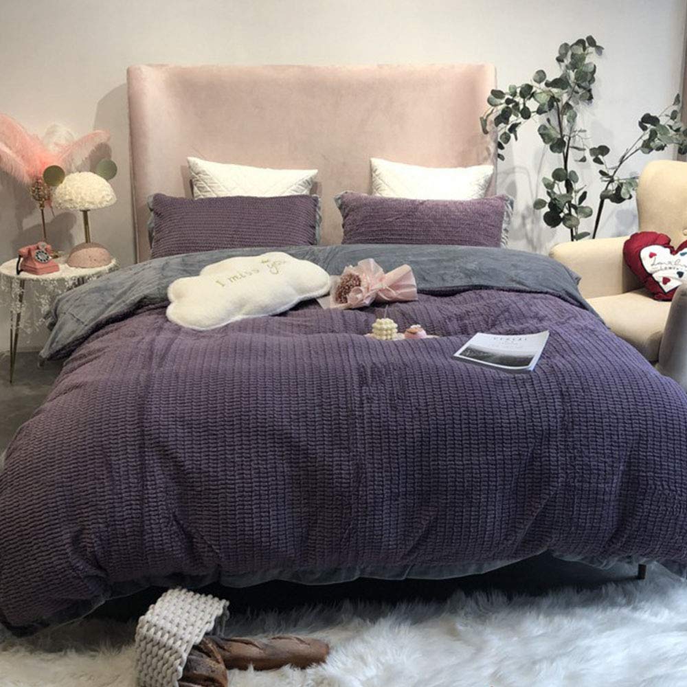 **John Whitley 4-Piece Purple Coral Velvet Duvet Cover Set - Queen Size Luxury Winter Bedding with Flannel Lining - 1 Duvet Cover, 1 Flat Sheet, 2 Pillowcases - Soft & Warm for Cozy Winter Nights**    *(Perfect for cold weather, holiday decor, or adding a touch of elegance to your bedroom!)*