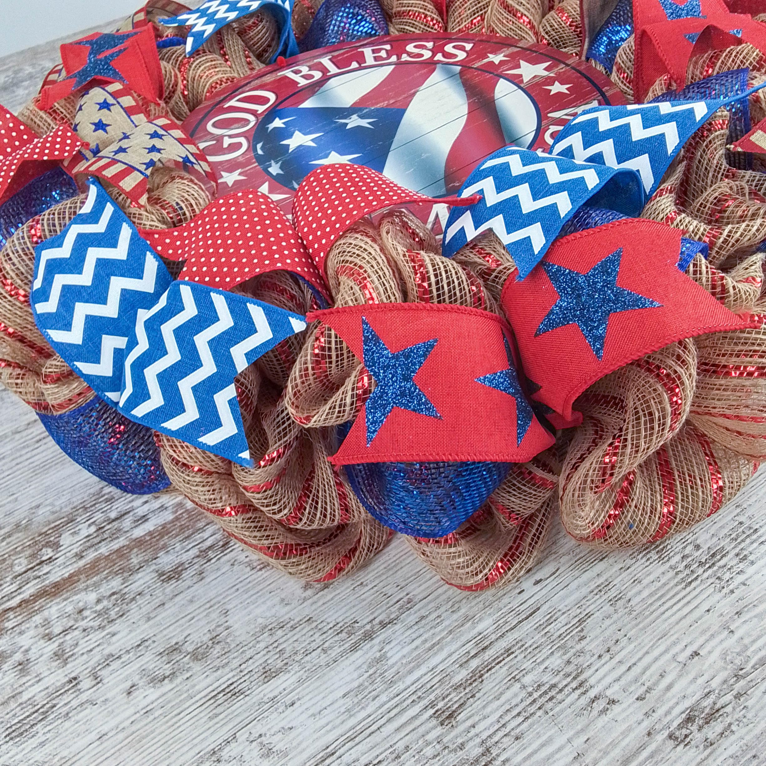 God Bless America Patriotic Wreath - Red White Blue Burlap Wreath for Front Door - Perfect for 4th of July Decorations, Memorial Day, Veterans Day & American Holidays