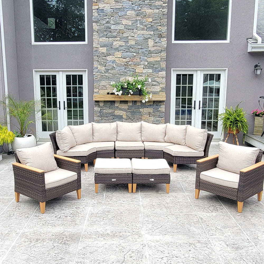 PHI VILLA 9-Piece Rattan Half Moon Curved Outdoor Sofa Set - Luxury Patio Furniture for Garden, Poolside & Backyard Relaxation