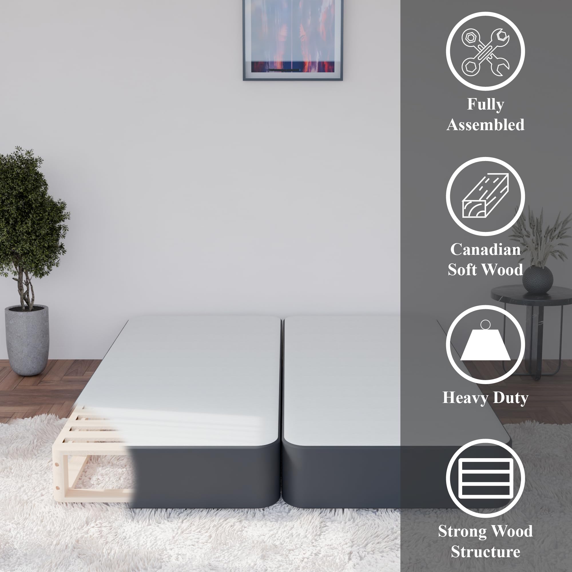 Greaton 4-Inch Sturdy Box Spring for Full Mattress Support - Durable Natural Wood Foundation, Fully Assembled (Black) - Perfect for Bedroom, Guest Room & Dormitory Support