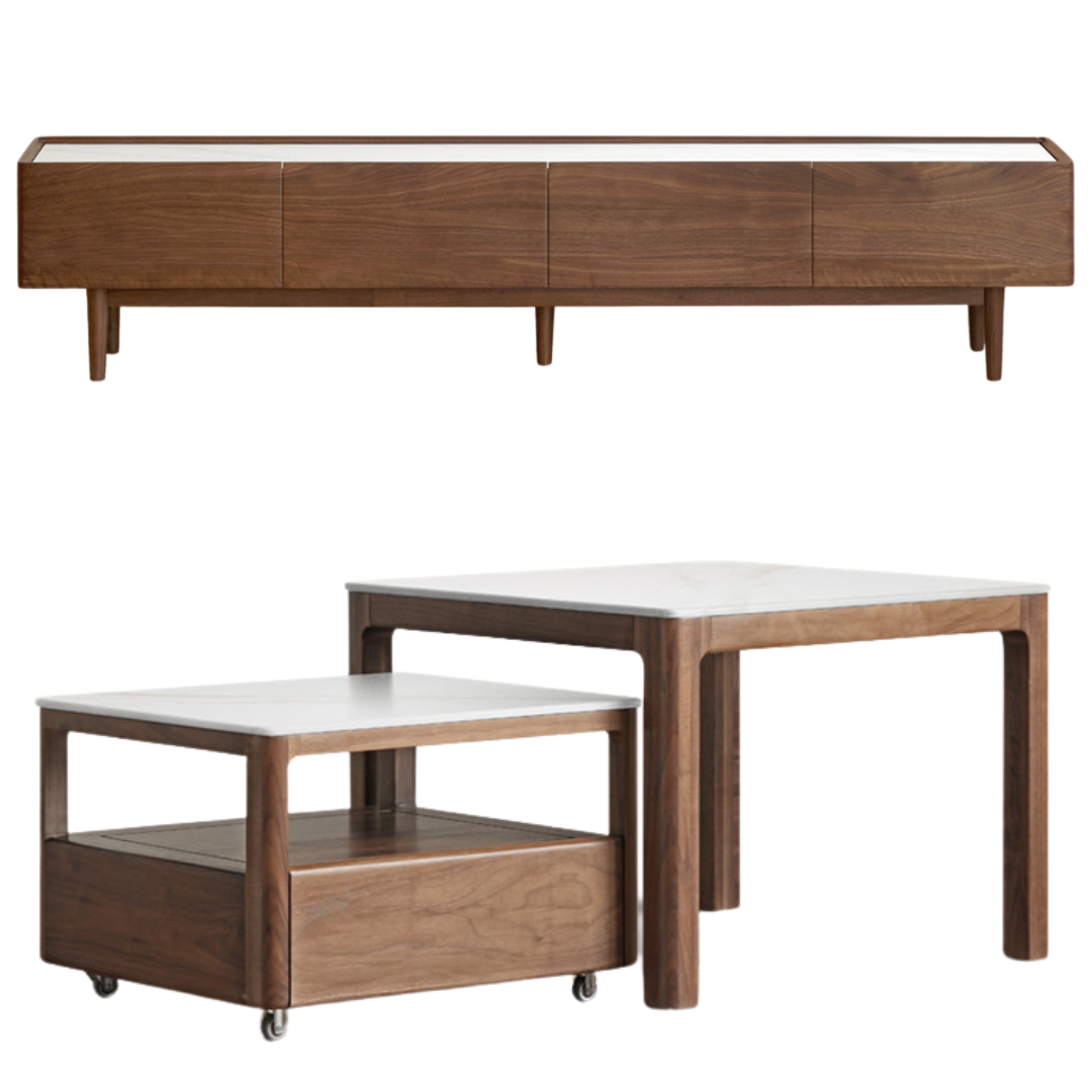 Modern Black Walnut Solid Wood TV Stand with Slate Top - Perfect for Living Room, Home Theater & Entertainment Center Storage