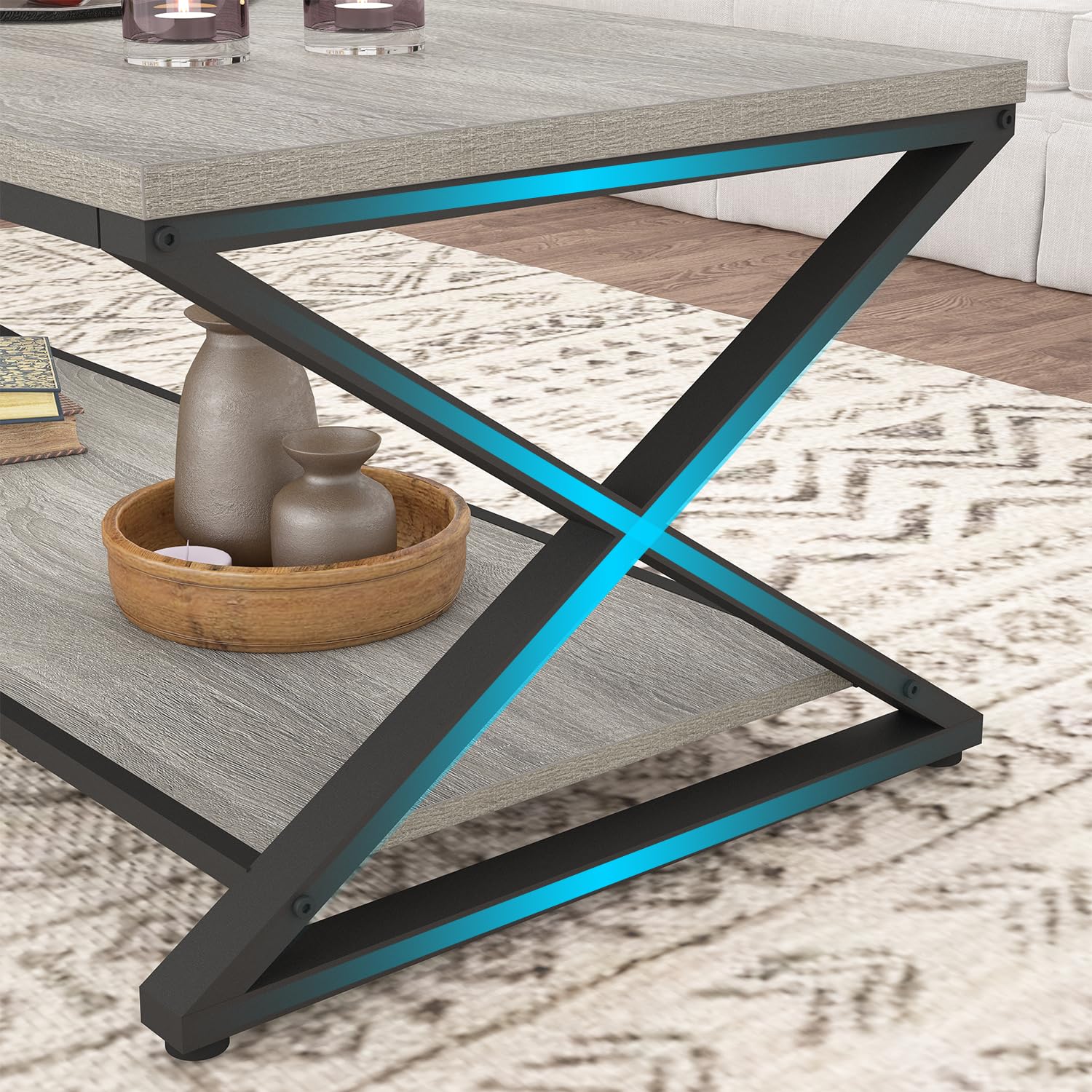 HSH Rustic Grey Coffee Table - Modern Minimalist 2-Tier Living Room Table with Storage Shelf, Industrial Style Metal & Wood Center Table for Home, Office, Bedroom - 39 Inch Rectangle Cocktail Tea Table - Perfect for Small Spaces, Entertaining Guests, and Stylish Home Decor