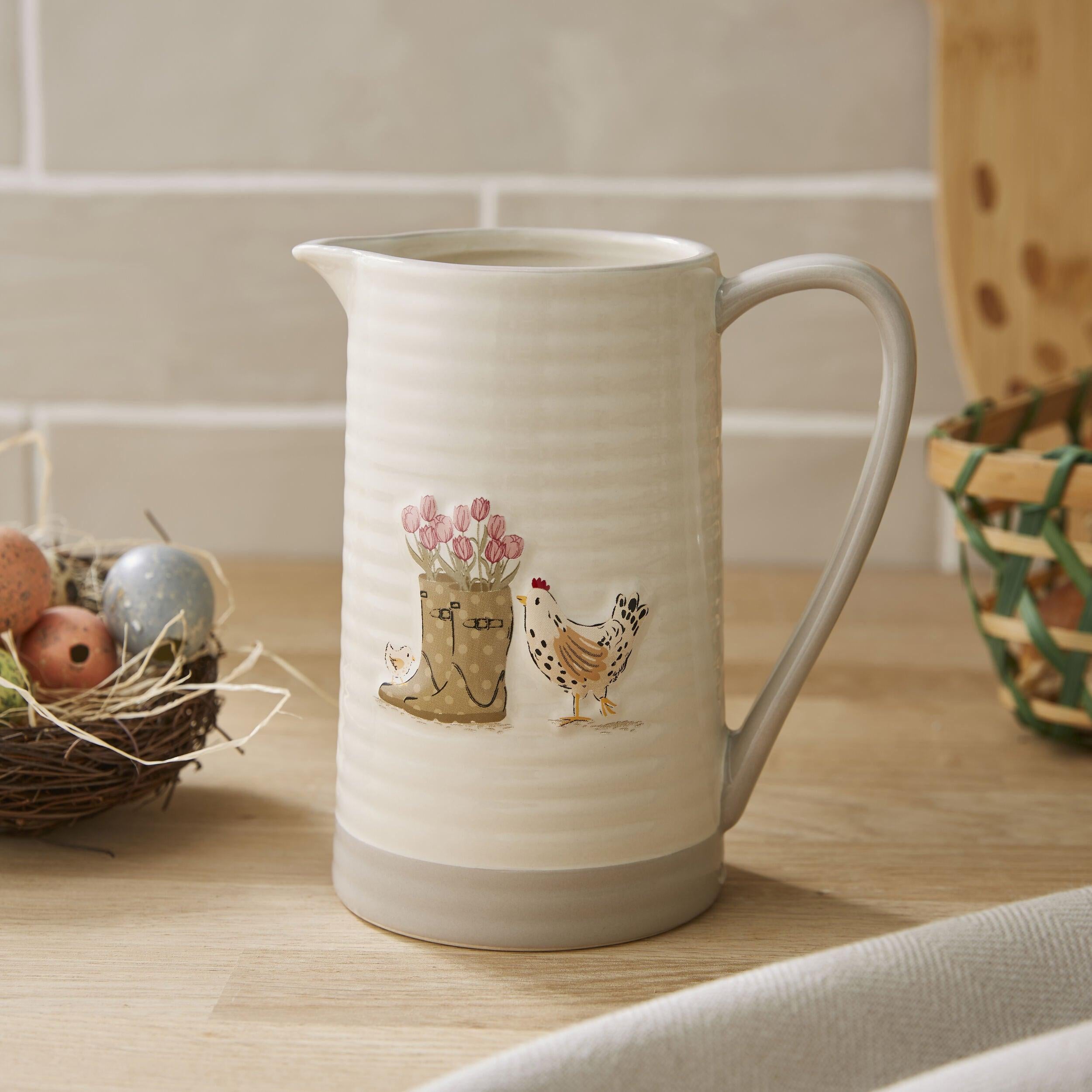 Hen House Lane Large Jug - Premium Ceramic Pitcher for Milk, Juice & Water - Perfect for Farmhouse Kitchen, Dining Table & Rustic Decor