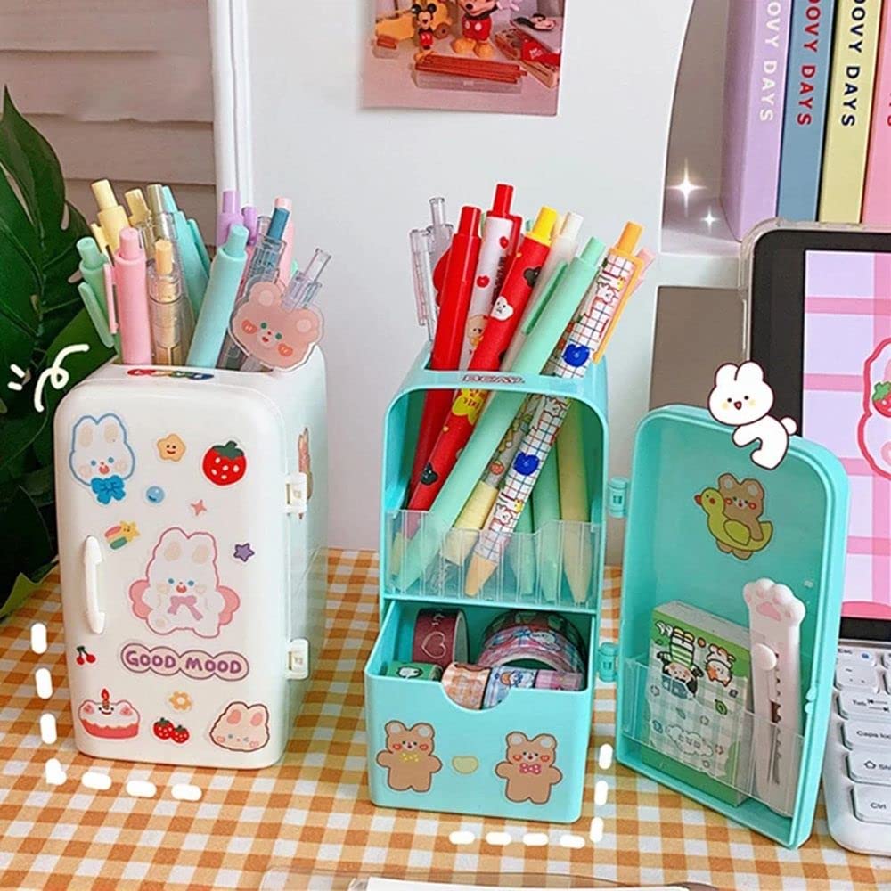 Adorable Cartoon Refrigerator Pen Holder & Desk Organizer - Kawaii Pencil Case for School, Office & Home Use | Perfect for Students, Teachers & Stationery Lovers (Pink)